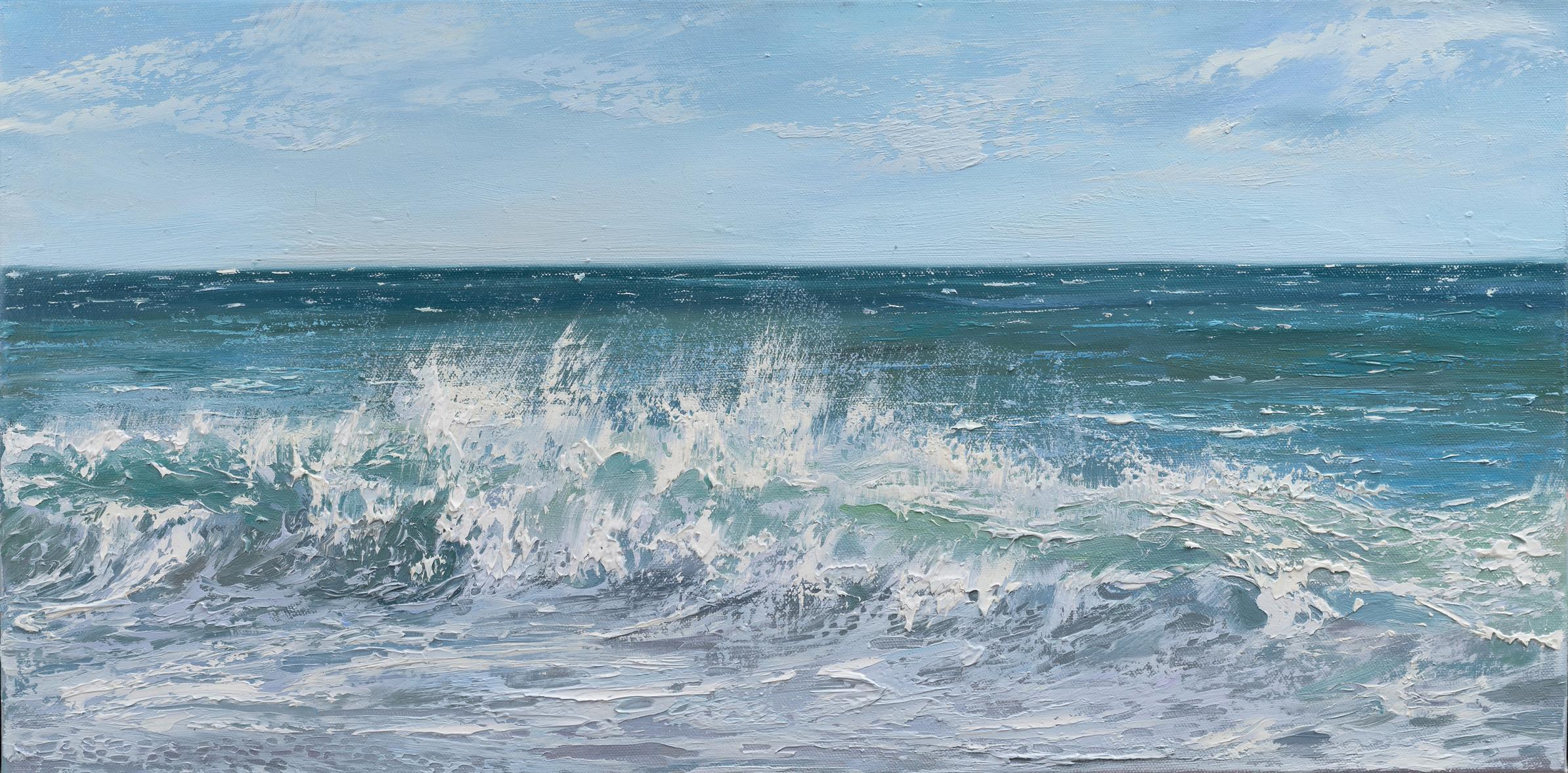 Annie Wildey Landscape Painting - "Summer Surf II" horizontal oil painting of waves crashing in the ocean