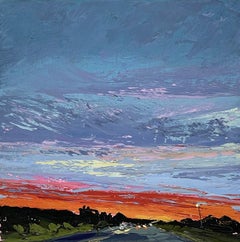 "Twilight Driving" Dark blue and bright orange skyscape set against a road. 