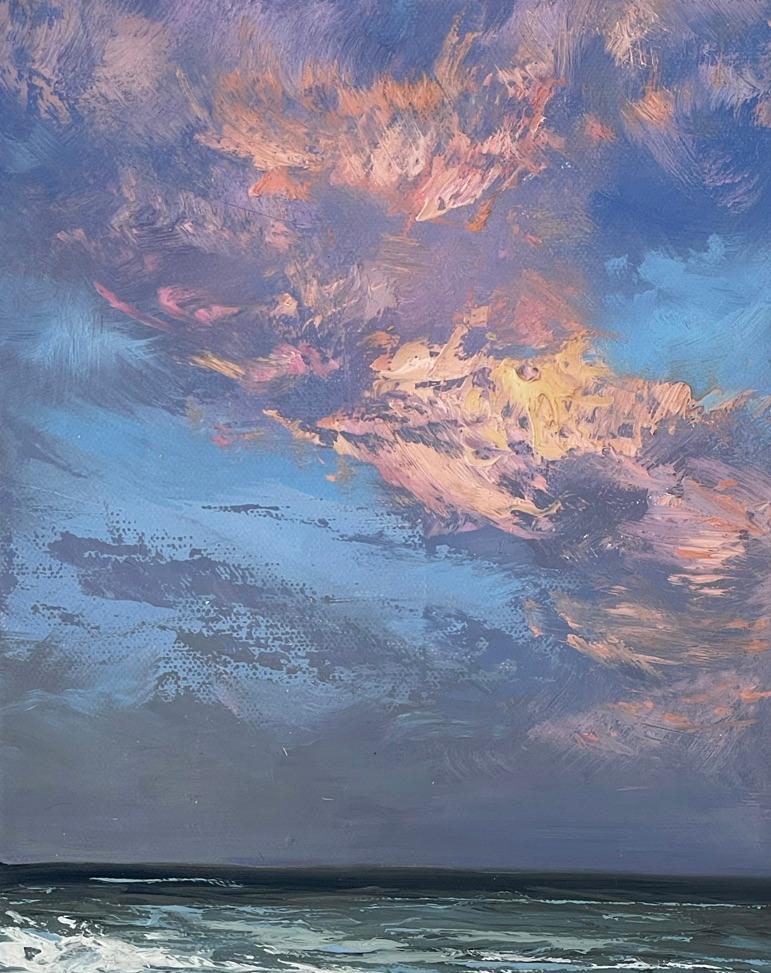 Annie Wildey Landscape Painting – Kleines Ölgemälde „Twilight Glow“ mit rosa Wolken über dem Meer