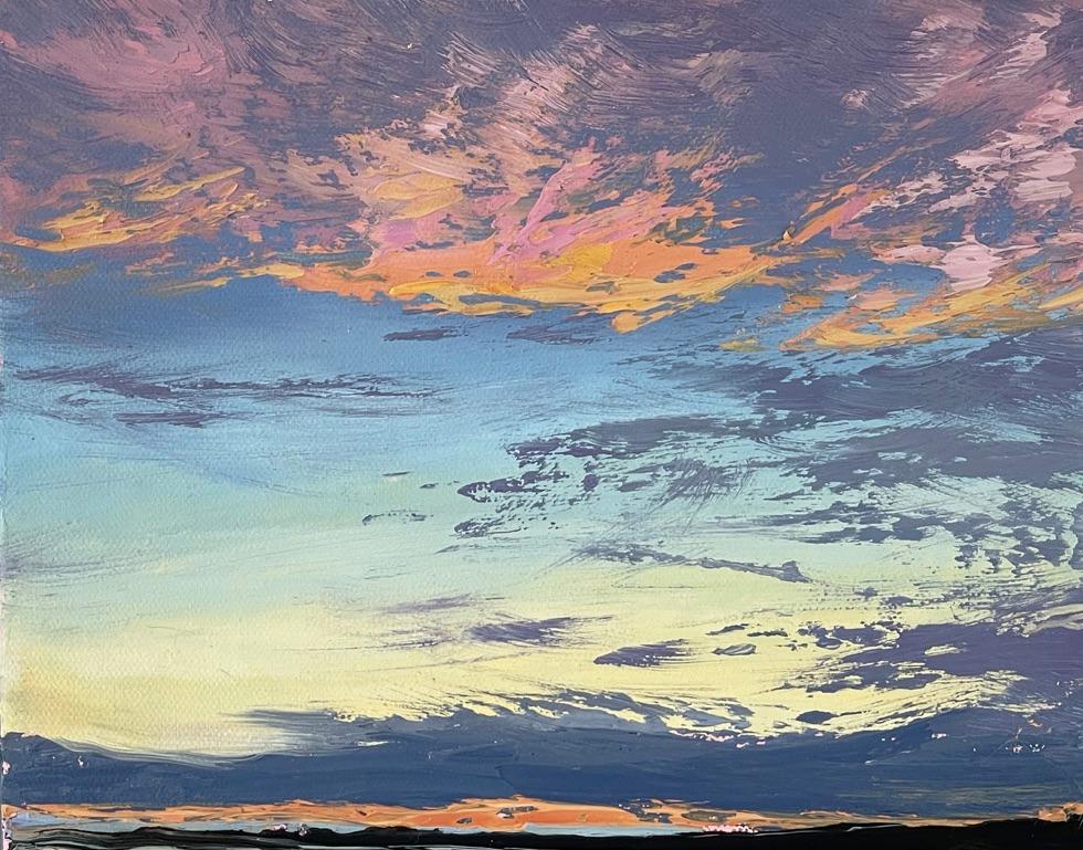 Annie Wildey Landscape Painting - "Twilight Symphony II" Blue and orange sky at twilight.