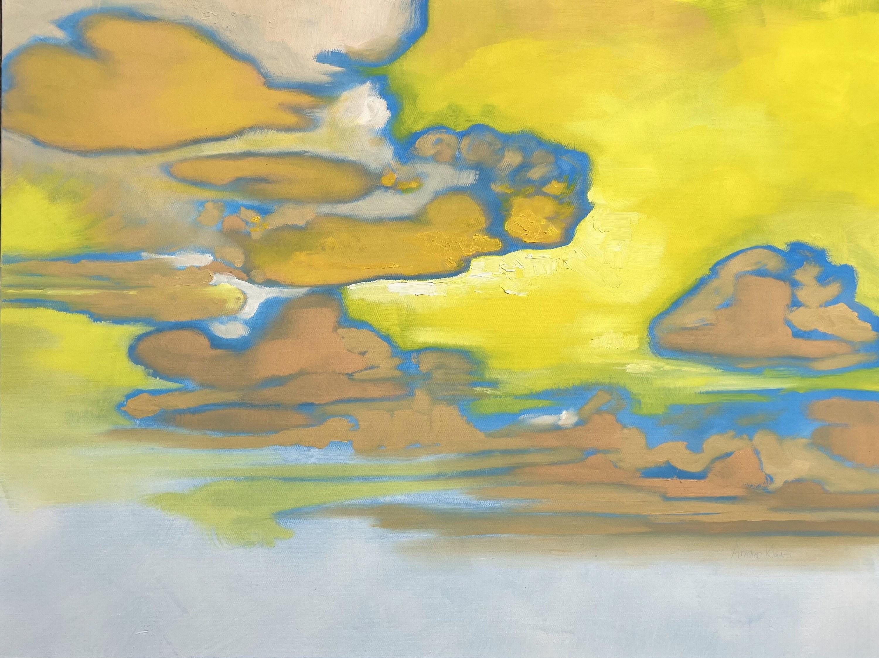 Annieo Klaas Abstract Painting - Floating on a Dream (Clouds, Skyscape, Yellow, Orange, Blue, Warm, ~37% OFF)