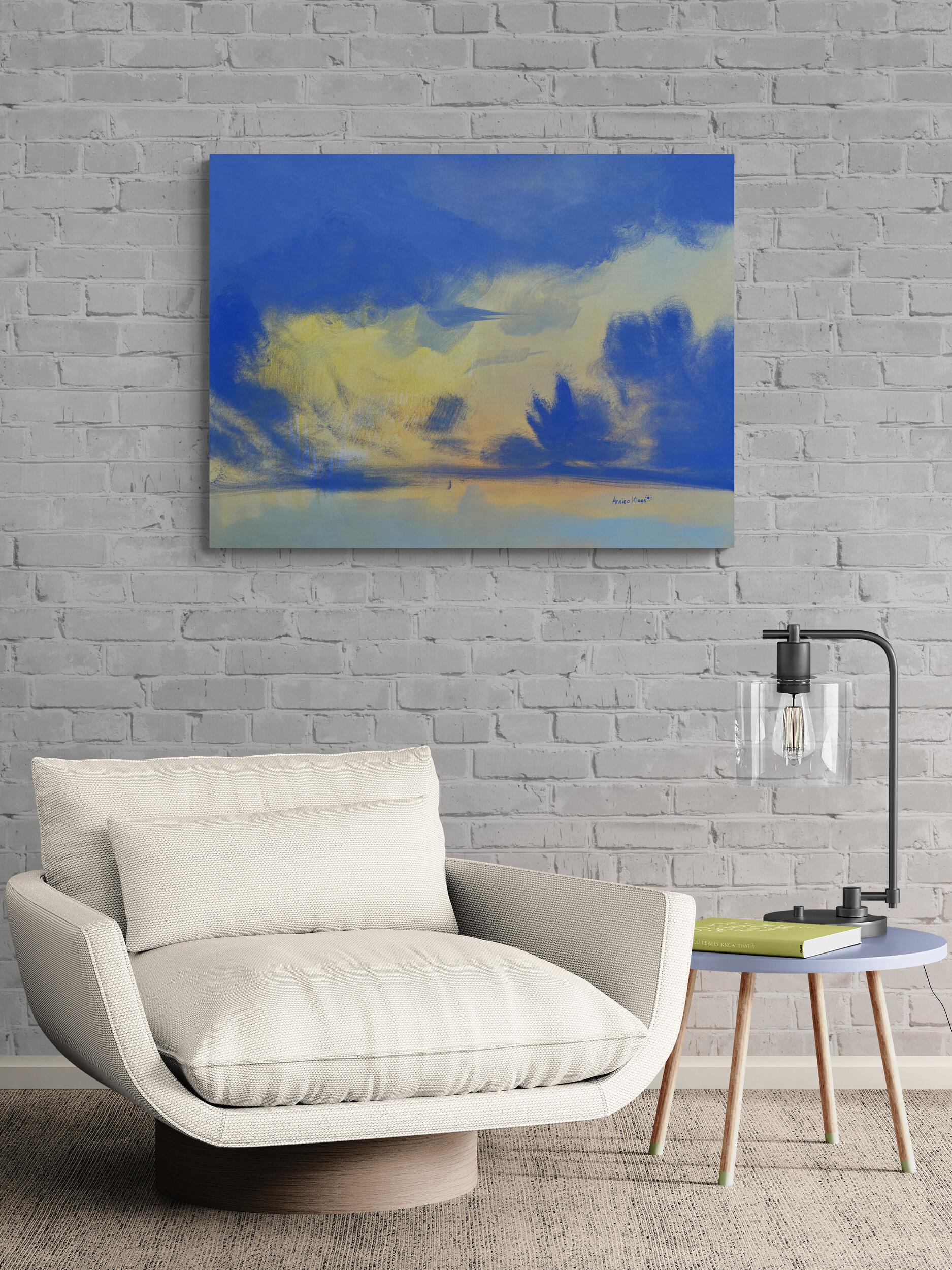Highway Sunset (Finestra, Paesaggio, Caldo, Bluesy, Sognante, ~29% OFF) - Painting di Annieo Klaas