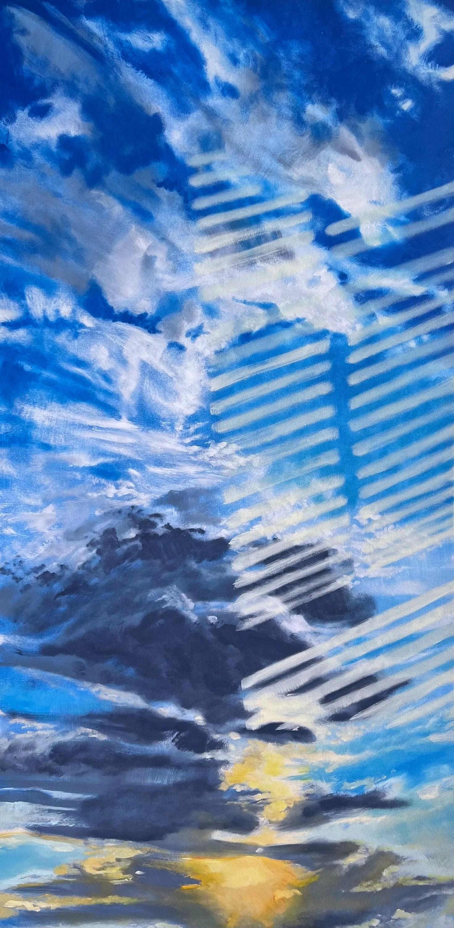 Annieo Klaas Landscape Painting - Sunlight through the Window Blind (Skyscape, Glowing, Dreamy, Sun, Rays, Clouds)