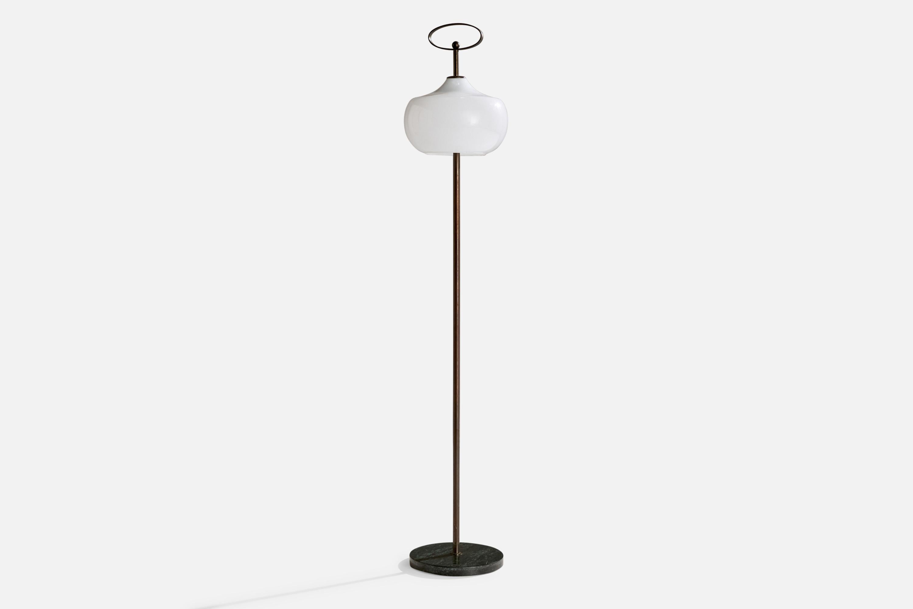 A brass, white opaline glass and green marble floor lamp designed by Annig Sarian and produced by Adrasteia, Italy, c. 1960s.

Dimensions of Lamp with Shade (inches): 67 “ H x 12“ Diameter

Bulb Specifications: E-26 Bulbs

Number of Sockets (per