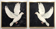 "Dove Diptych" Black and White Diptych Painting, Watercolor on Board, Framed