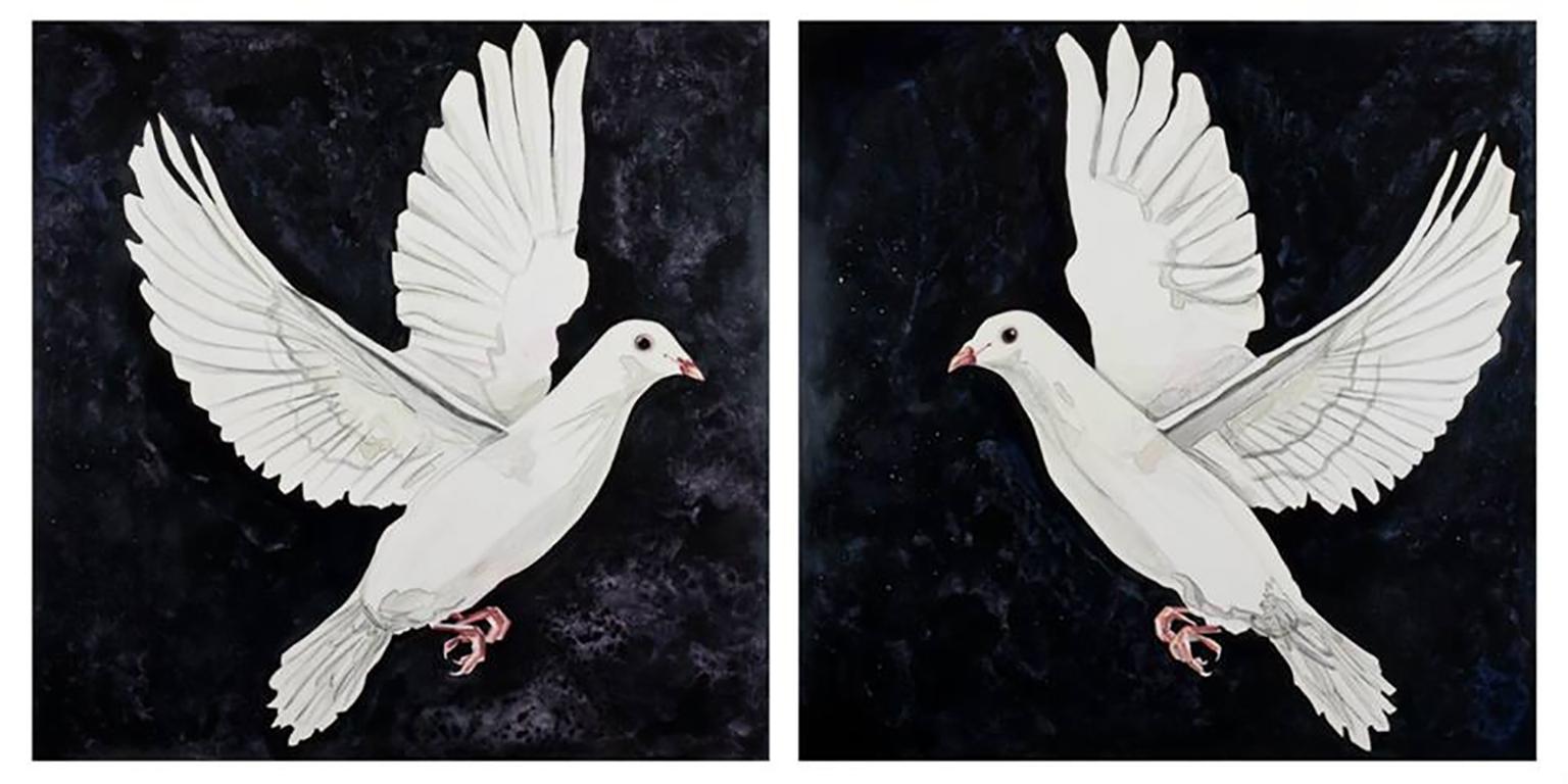 „Dove Diptychon“ Schwarzes und weißes Diptychon-Gemälde, Aquarell auf Karton, gerahmt