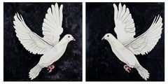 "Dove Diptych" Black and White Diptych Painting, Watercolor on Board, Framed
