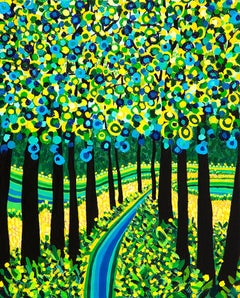 Gemälde „Happiness Hides in Trees“, Öl auf Leinen, leuchtende Farben, Natur