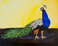 "Peacock Profile" Animal Painting, Watercolor on Board, Bright Colors, Framed