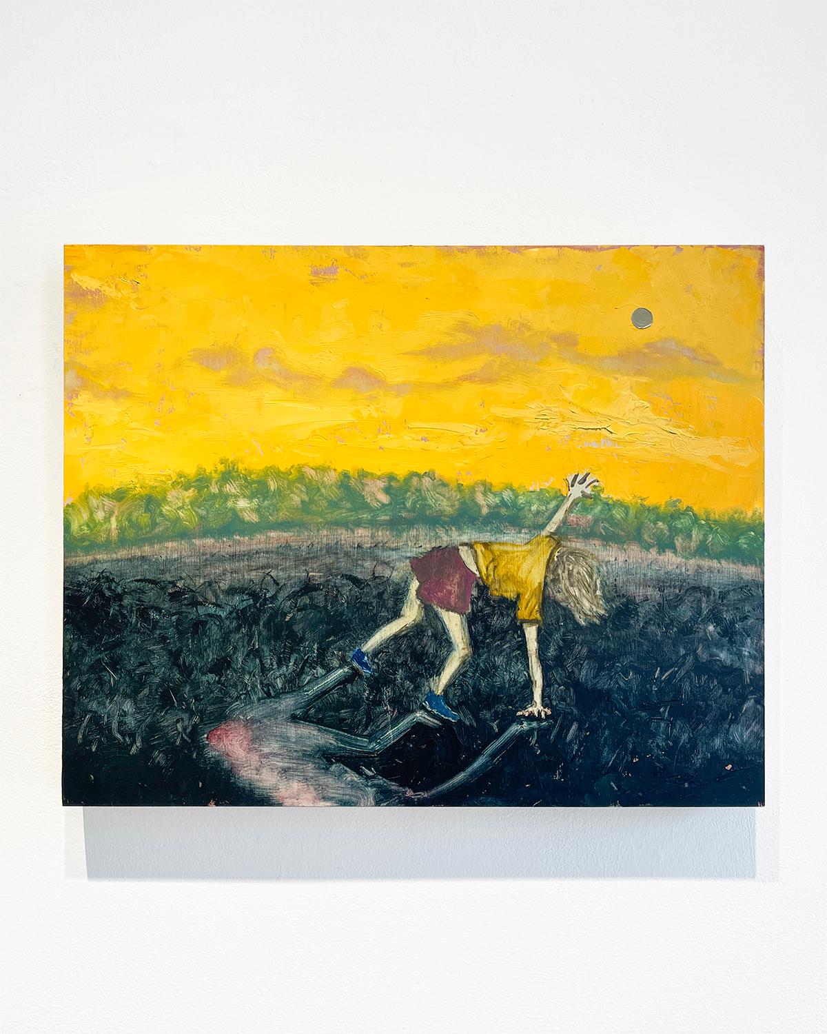 Moon Noon (dipinto figurativo di una giovane donna che si protende verso il cielo giallo e nuvoloso) - Painting di Annika Tucksmith