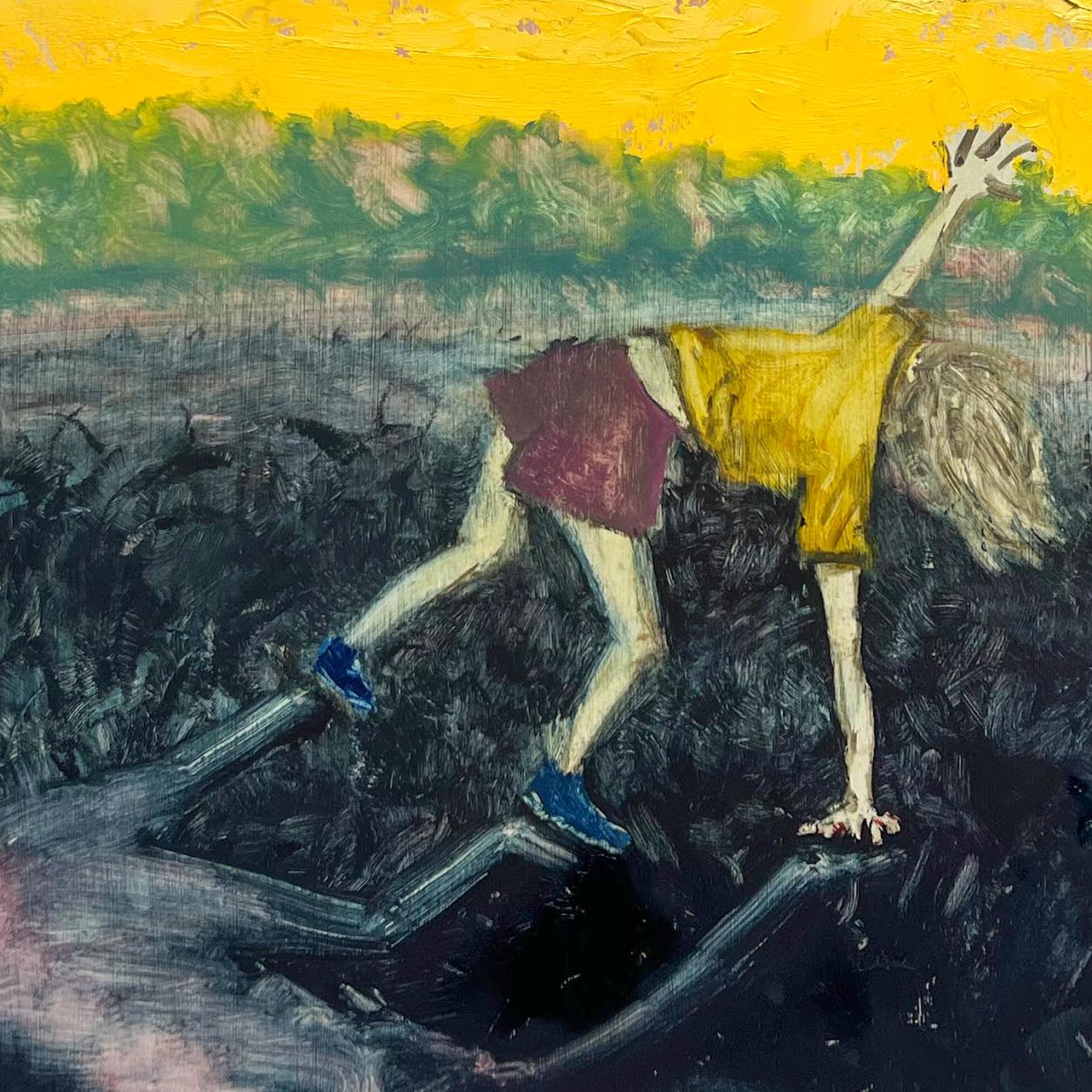 Moon Noon (dipinto figurativo di una giovane donna che si protende verso il cielo giallo e nuvoloso) - Painting Contemporaneo di Annika Tucksmith