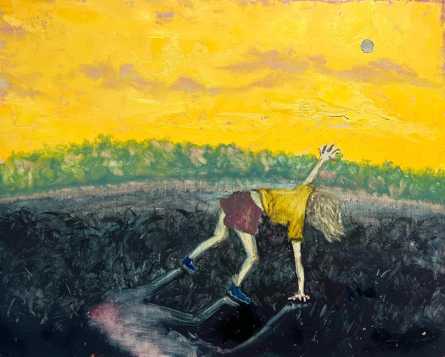Figurative Painting di Annika Tucksmith - Moon Noon (dipinto figurativo di una giovane donna che si protende verso il cielo giallo e nuvoloso)