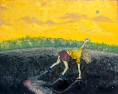 Noon de lune (peinture figurative d'une jeune femme se rendant dans un ciel jaune nuageux)