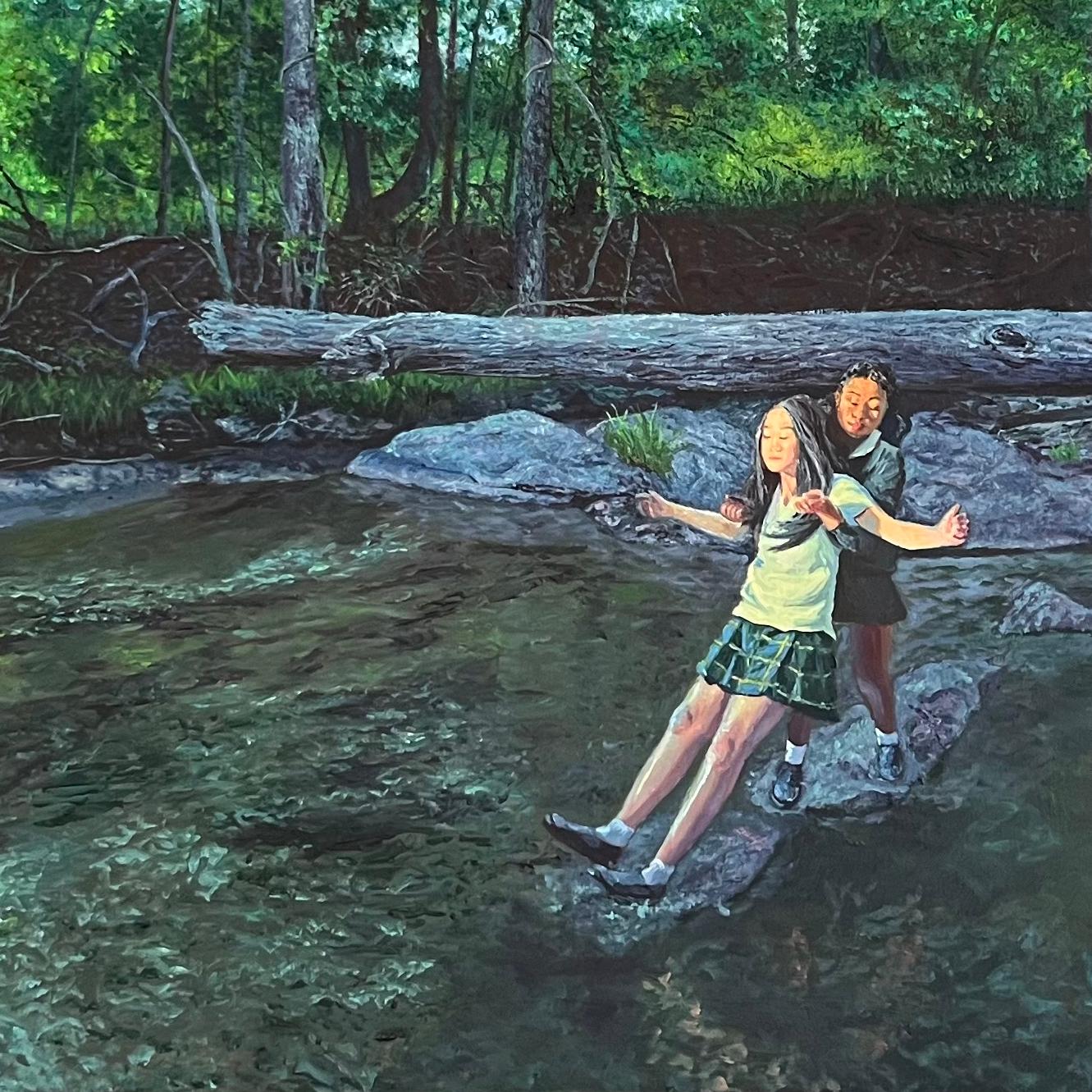 Trust Fall (Pittura a olio di due scolaresche in un paesaggio boschivo in estate) - Painting di Annika Tucksmith