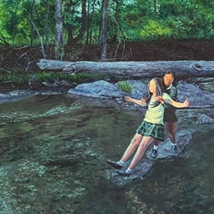 Trust Fall (Oil Painting of Two School Girls in Forested Landscape in Summer)
