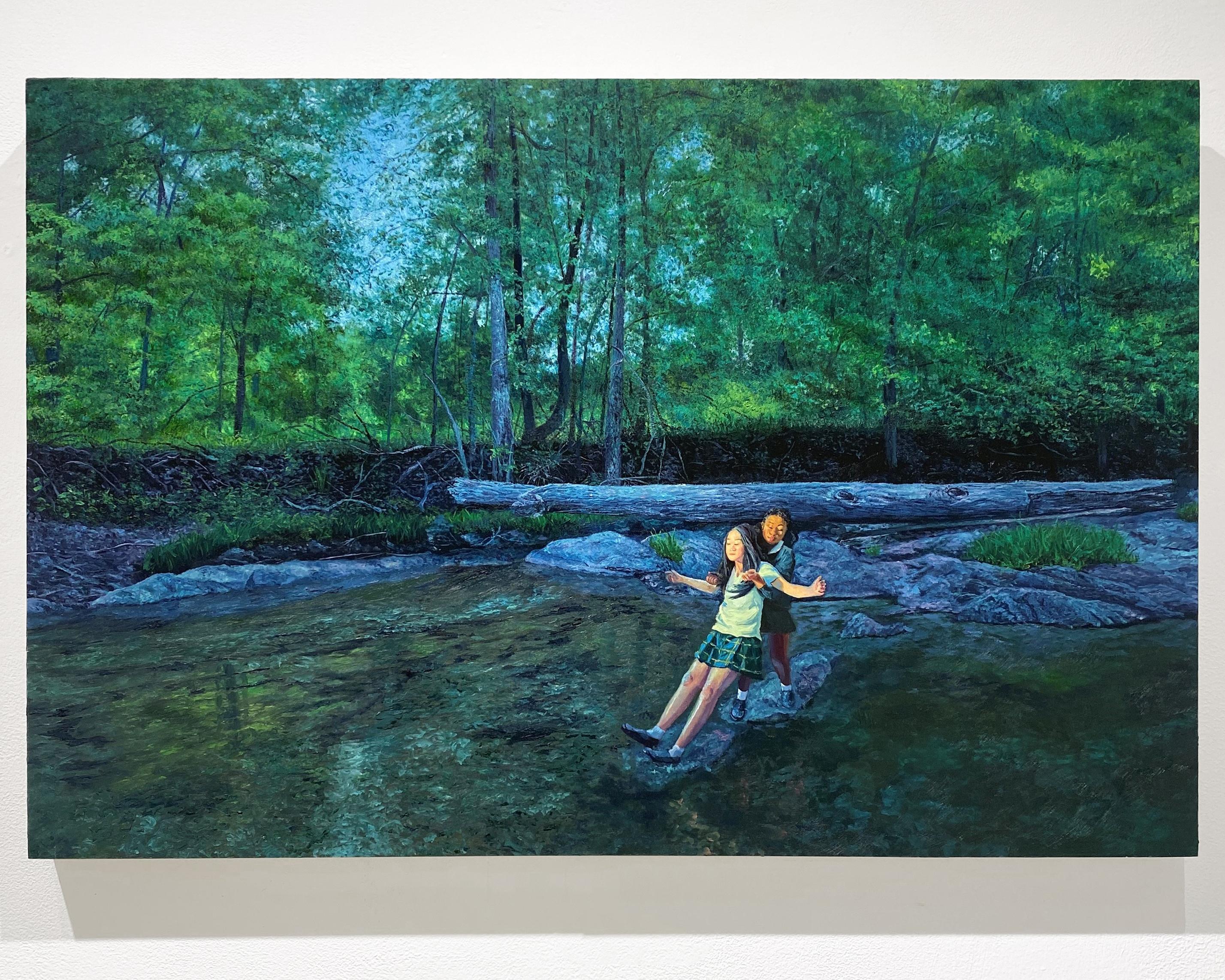 Trust Fall (Pittura a olio di due scolaresche in un paesaggio boschivo in estate) - Painting Contemporaneo di Annika Tucksmith