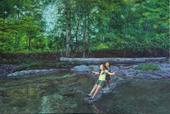 Trust Fall (Oil Painting of Two School Girls in Forested Landscape in Summer)