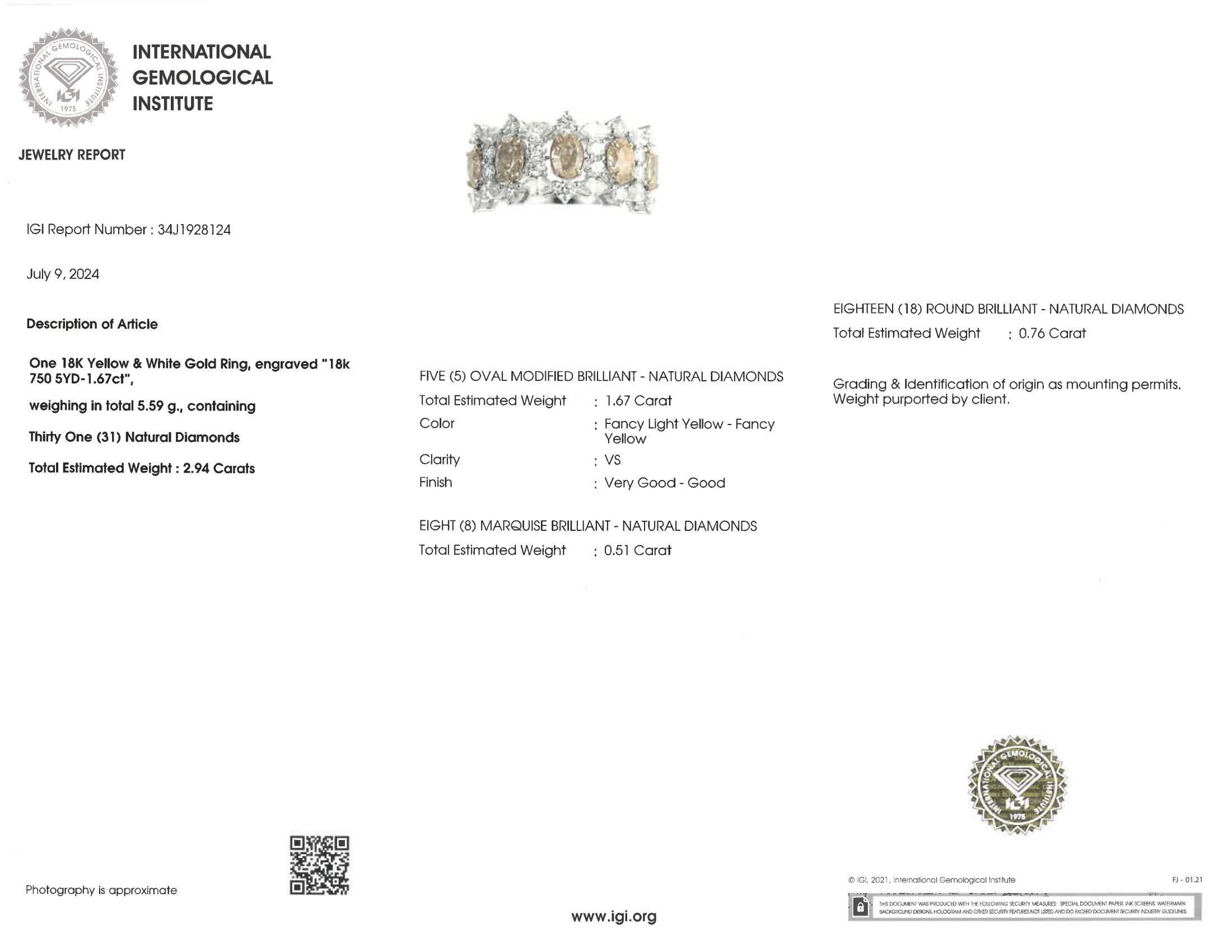 Anillos de diamantes de fantasía de oro blanco de 18 quilates con certificado IGI de 2,18 quilates de diamante amarillo en venta 3