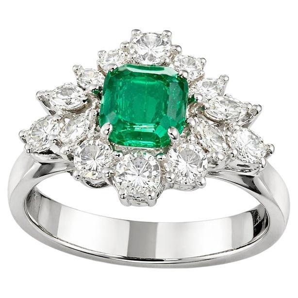 Anniversary Ring 18K White Gold with Natural Emerald 1.18 ct, Natural Diamonds For Sale