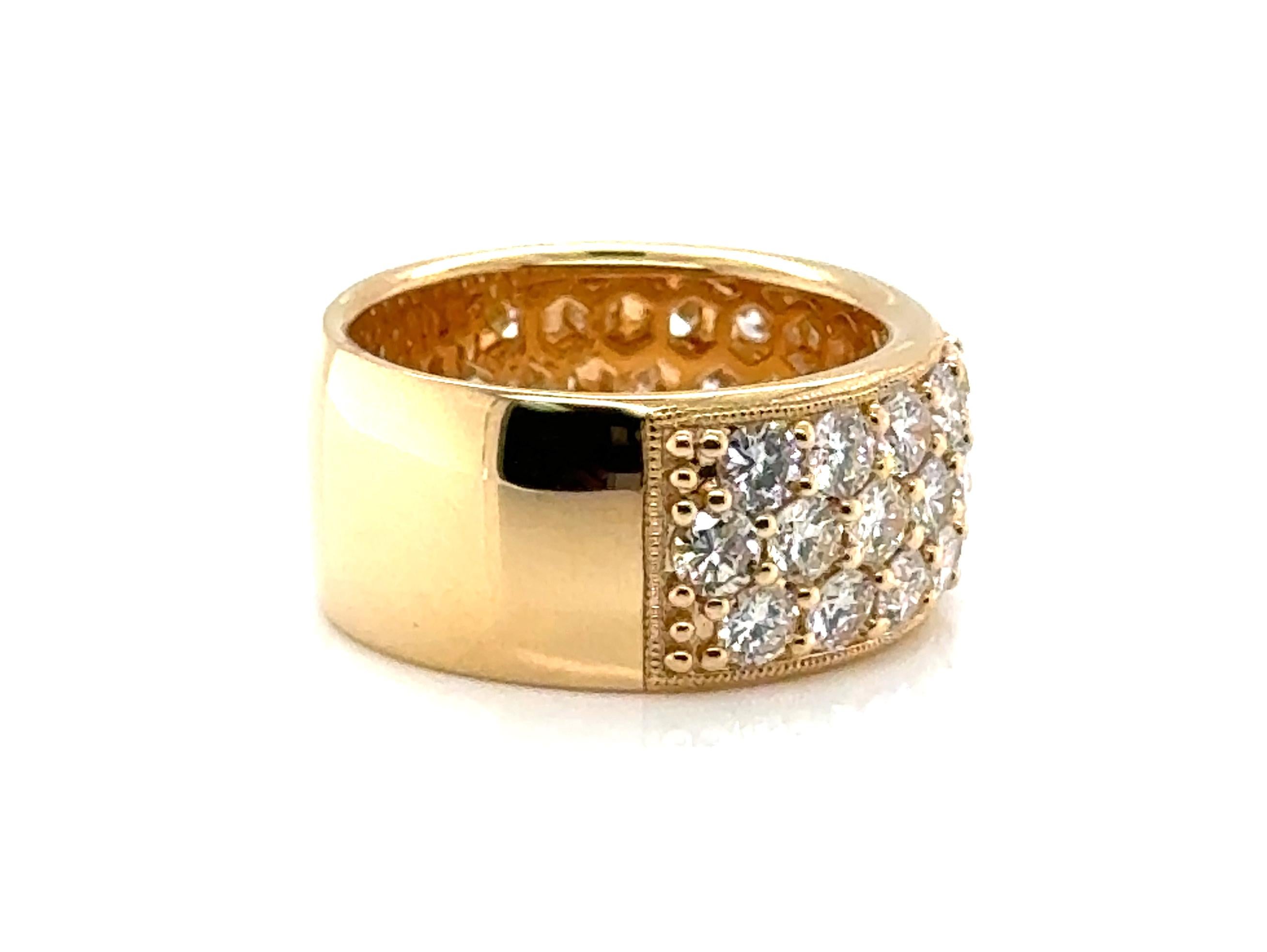 Anniversary Ring 3 Row Diamond Band 3.05ct 18K Yellow Gold Brand New Size 6.25


Exquisite 3 Row Diamond Band Design 

Timeless Brilliance of Round Cut Diamonds on Display

Miligrain Edging offers Flattering Look 

Wide Top and Wide Band 

Turn