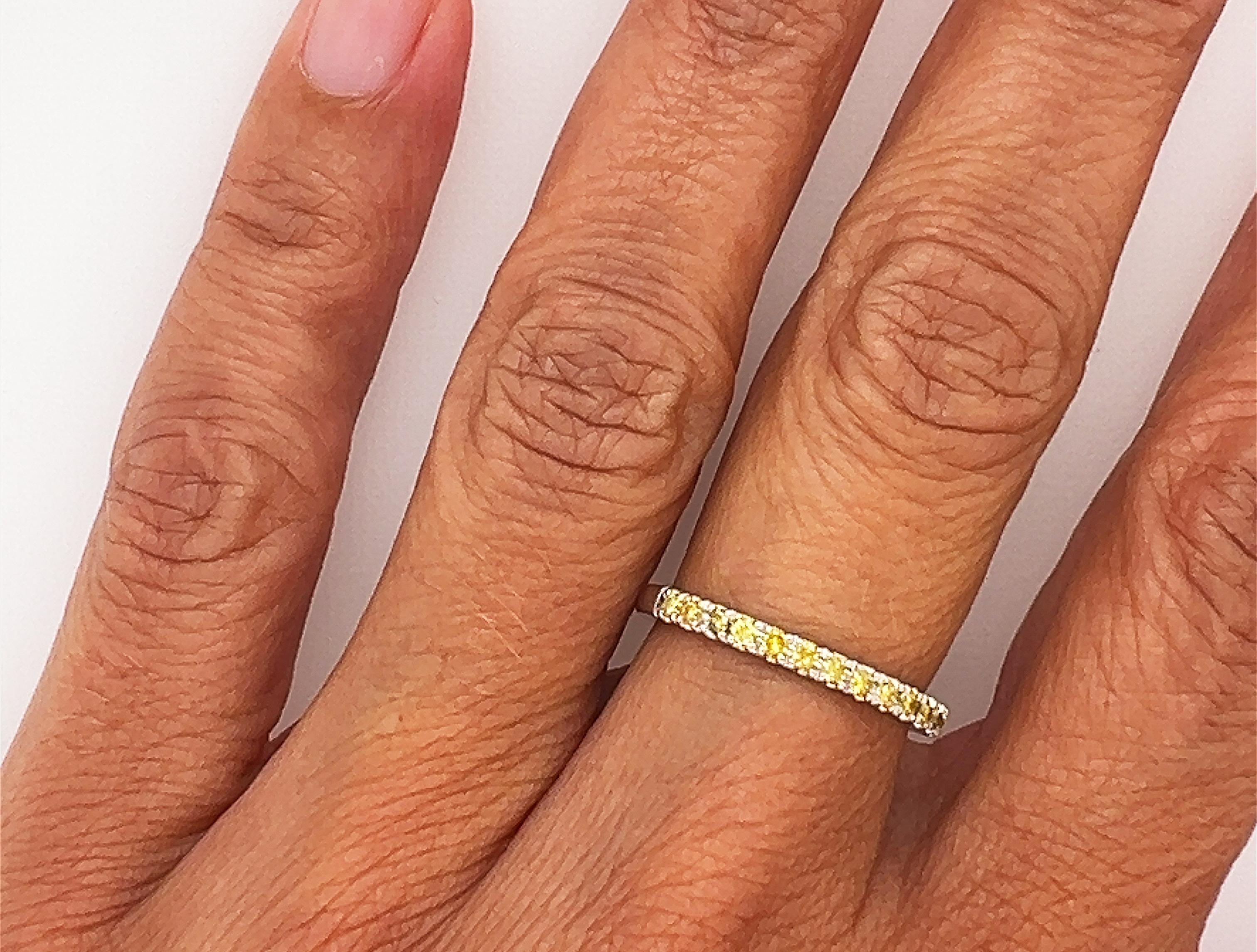 Round Cut Anniversary Ring Natural Fancy Vivid Deep Yellow Diamond Band .26ct 14K For Sale