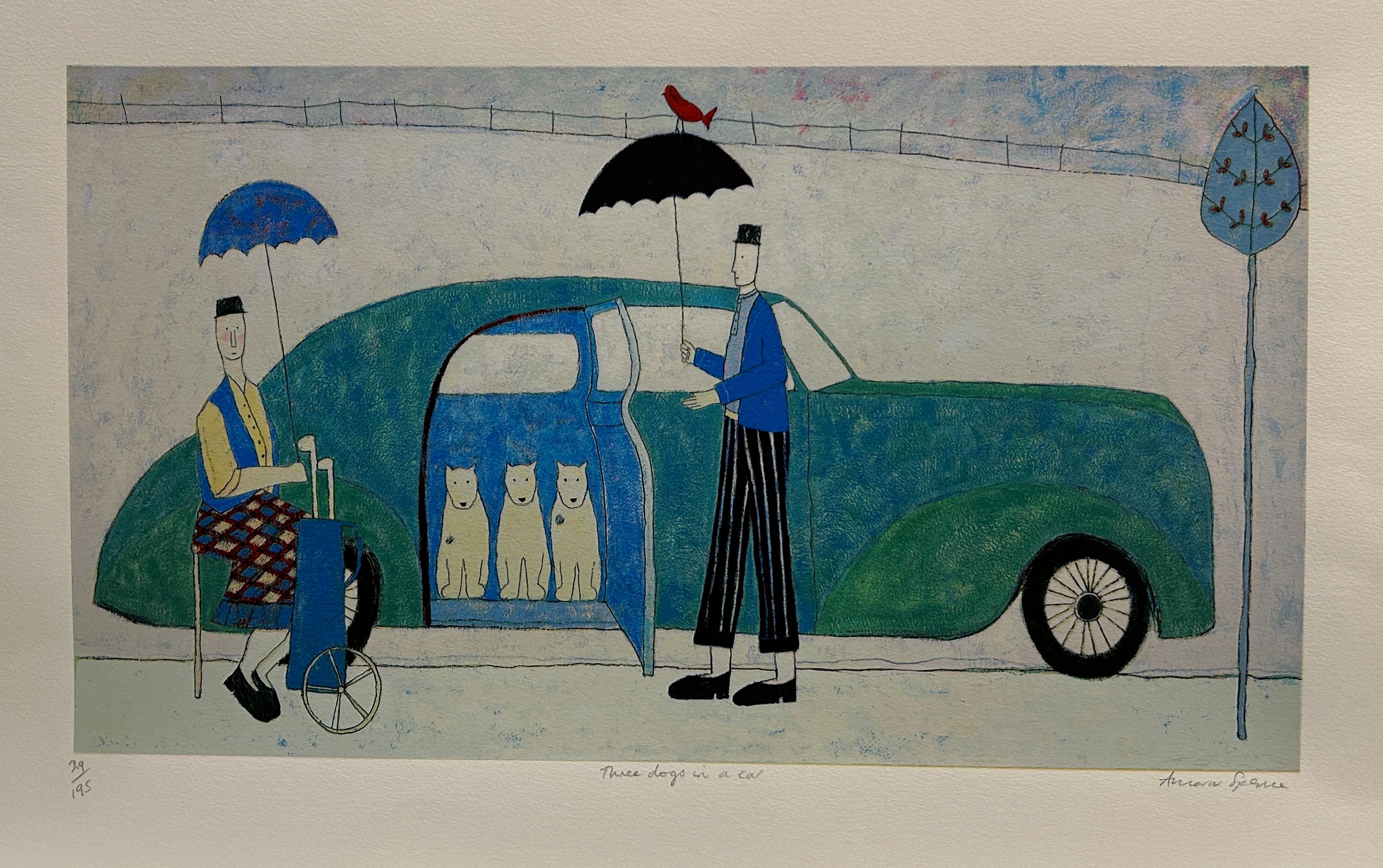 Annora Spence Figurative Print - Three Dogs in a Car