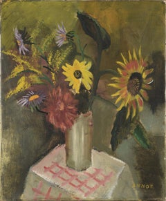 Antique "Sunflowers upon pink cover" - Still Life