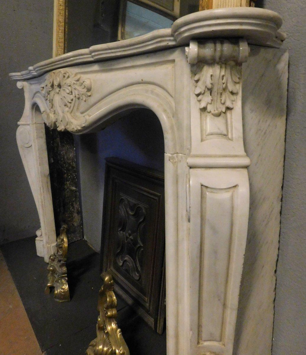 French Antique White Marble Fireplace, Richly Carved, Wavy Legs, 18th Century, France