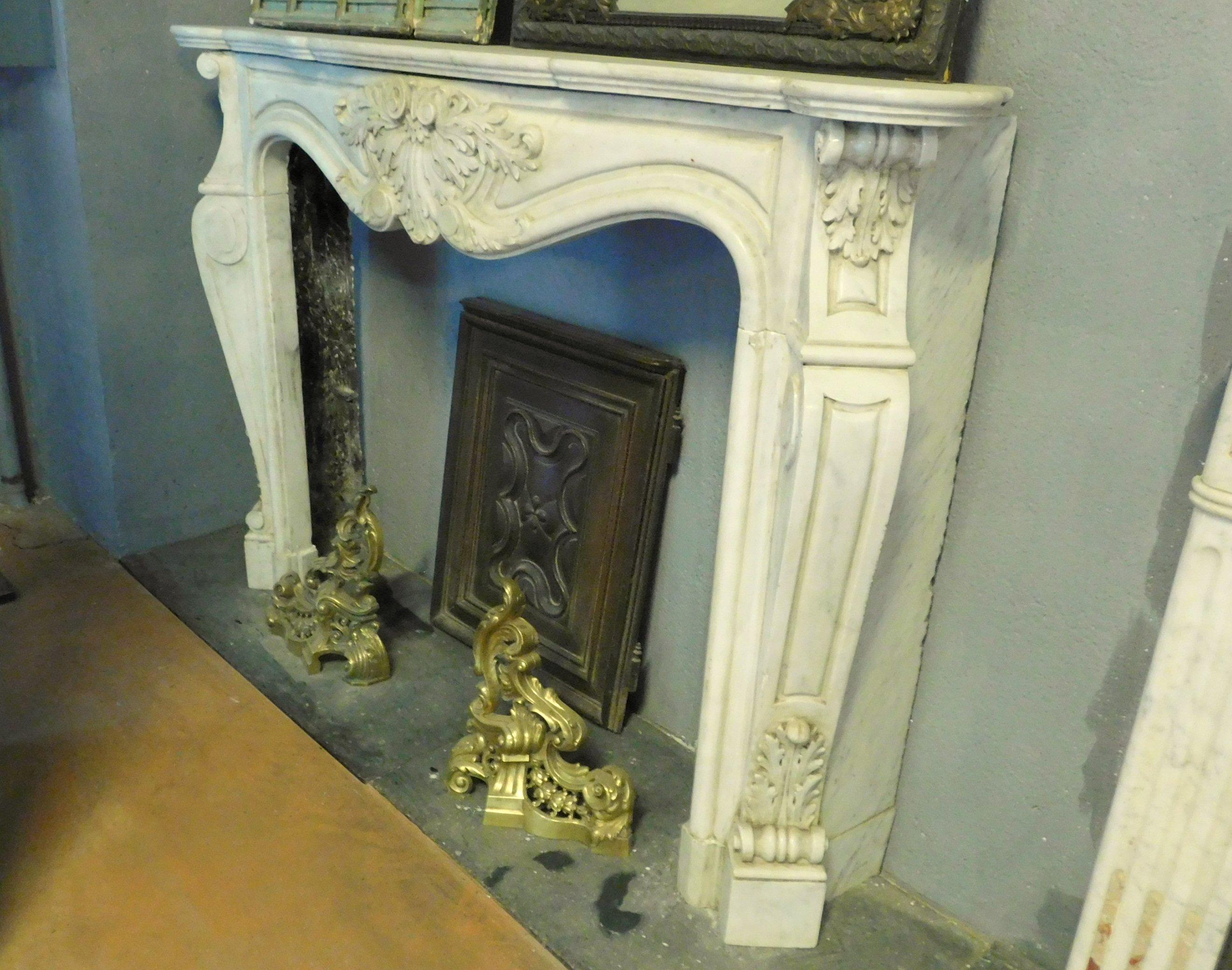 Hand-Carved Antique White Marble Fireplace, Richly Carved, Wavy Legs, 18th Century, France