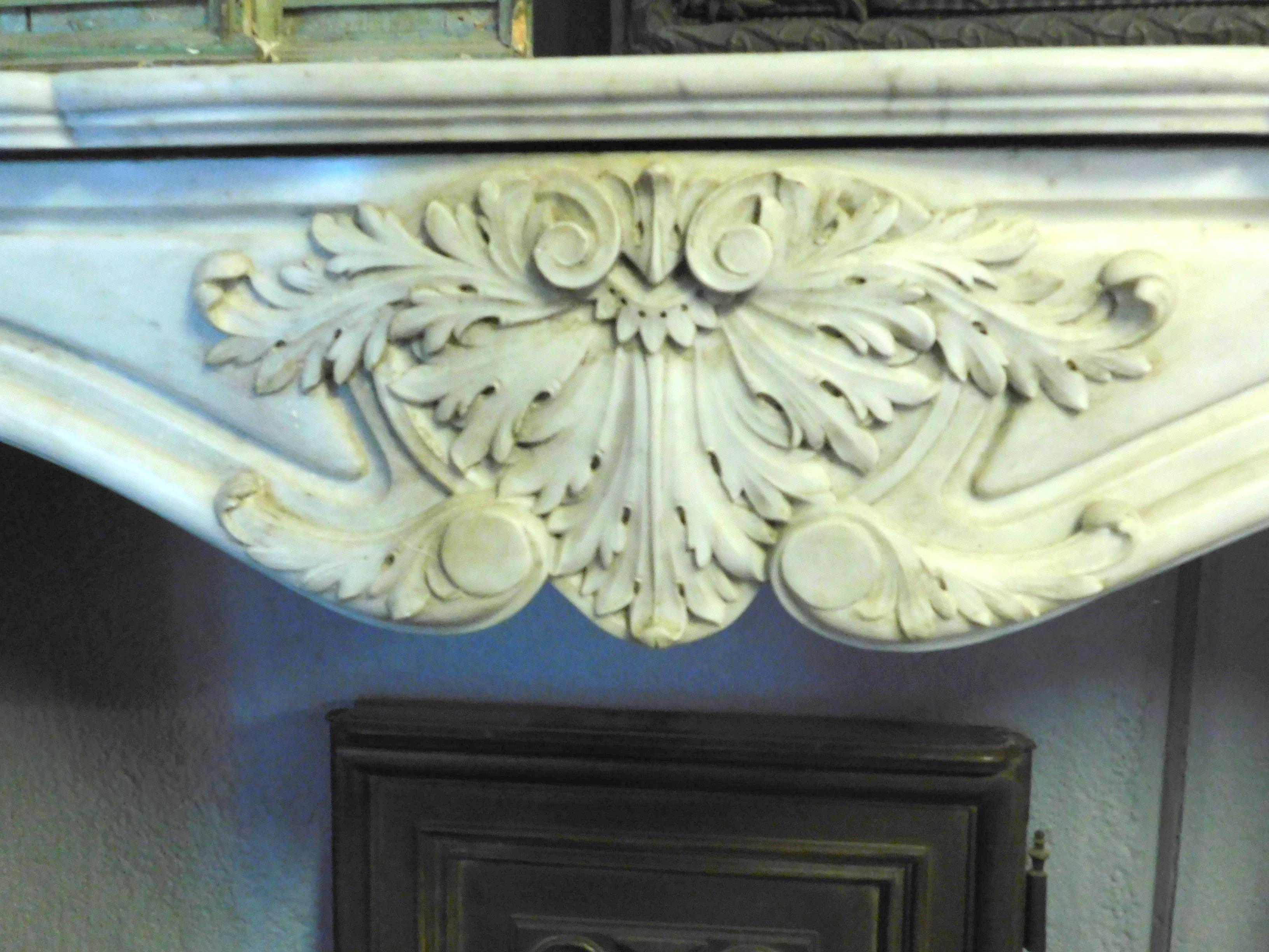 Carrara Marble Antique White Marble Fireplace, Richly Carved, Wavy Legs, 18th Century, France