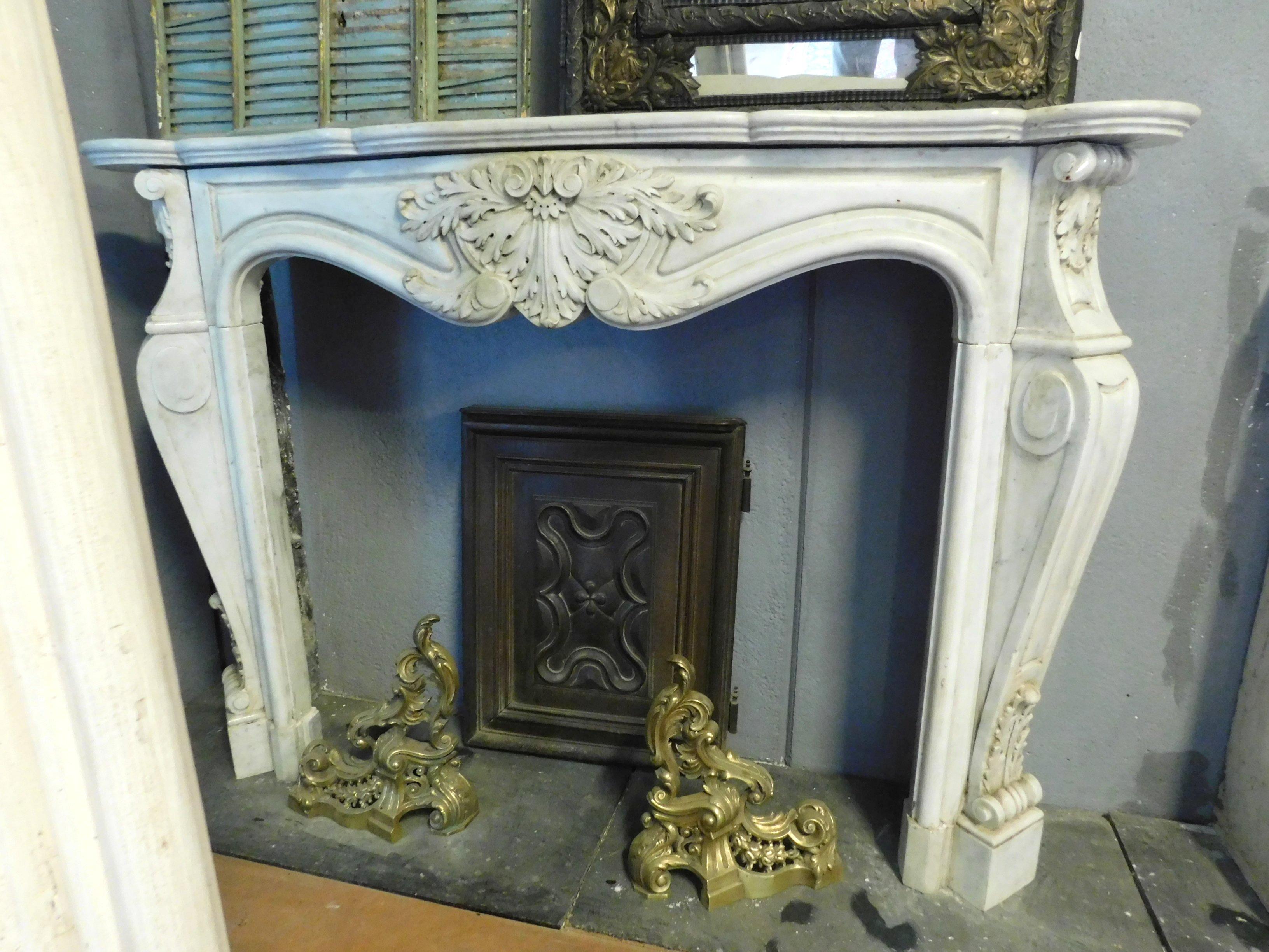Antique White Marble Fireplace, Richly Carved, Wavy Legs, 18th Century, France 1