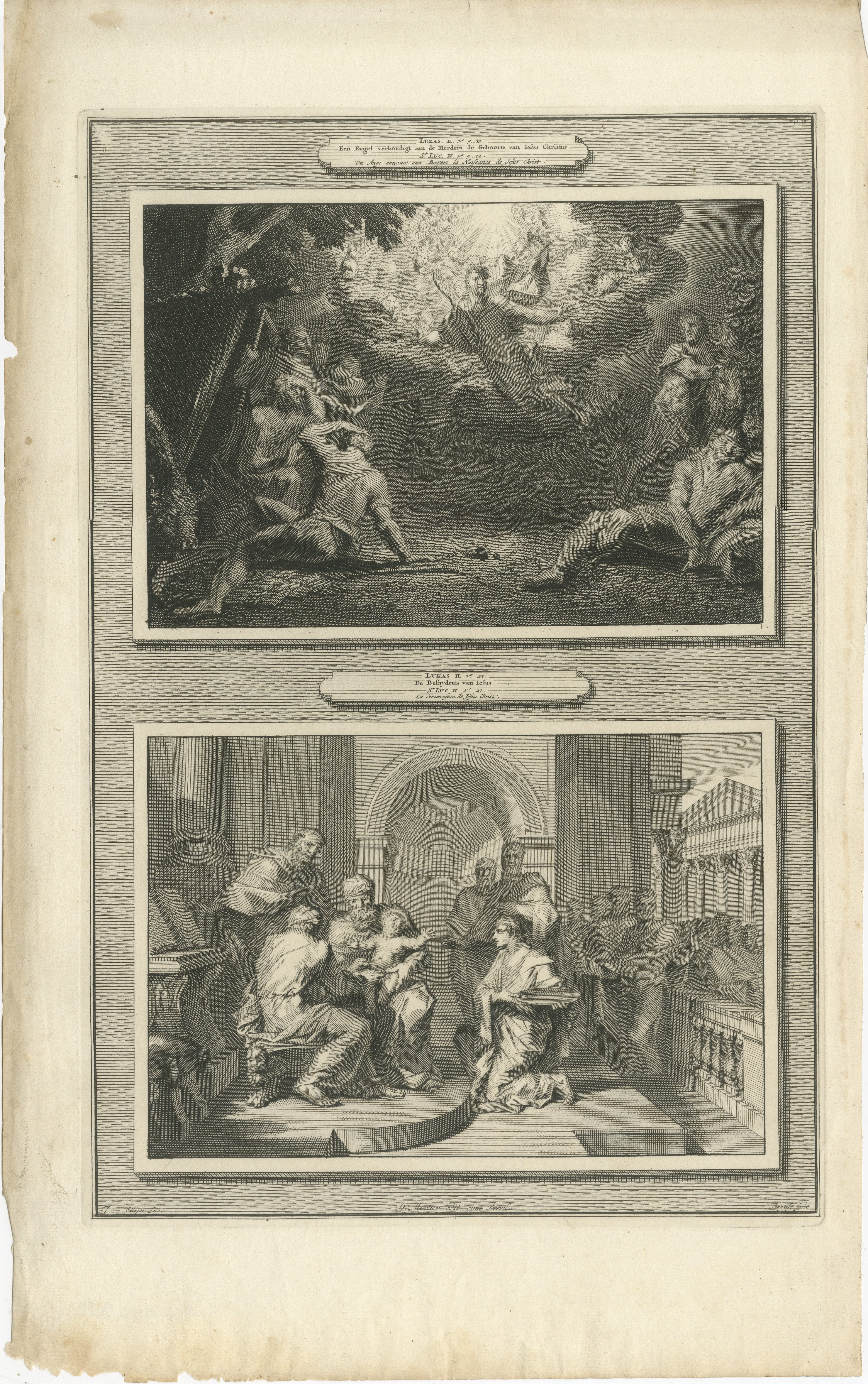 Verkündigung an die Hirten und Beschneidung Christi, Pieter Mortier, um 1700

Antiker Originalstich aus Histoire du Vieux et du Nouveau Testament, veröffentlicht in Amsterdam von Pieter Mortier um 1700. Die Tafel zeigt zwei frühe Episoden aus dem