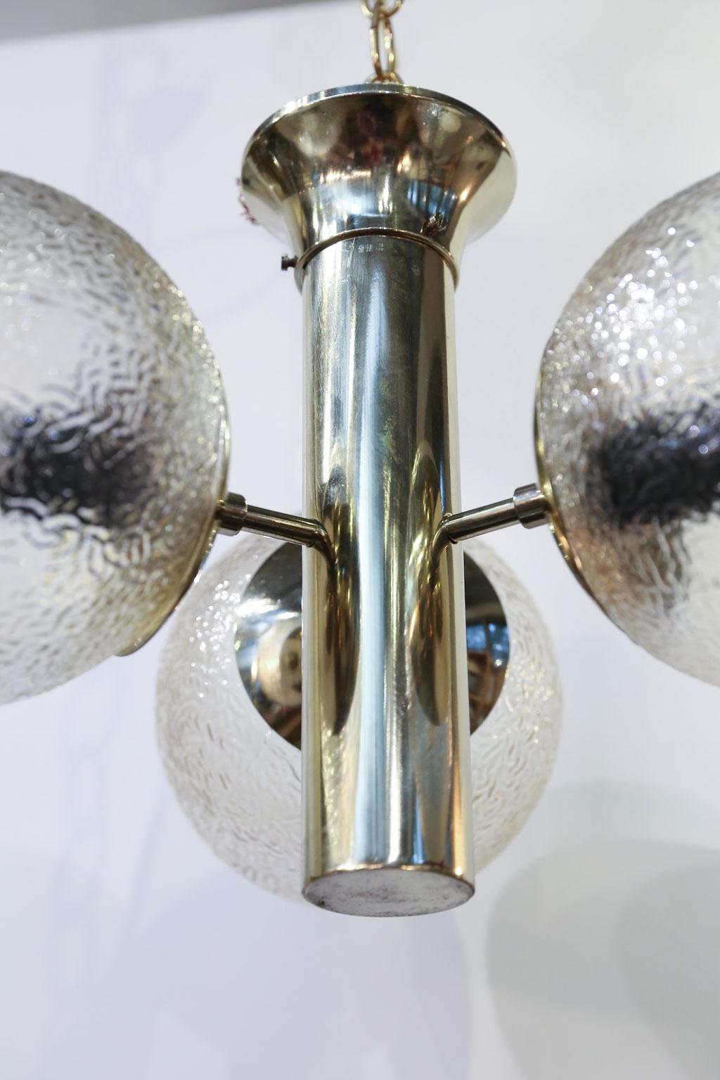 German Brass Mid-Century Modern Chandelier With 3 Blown Glass Globes