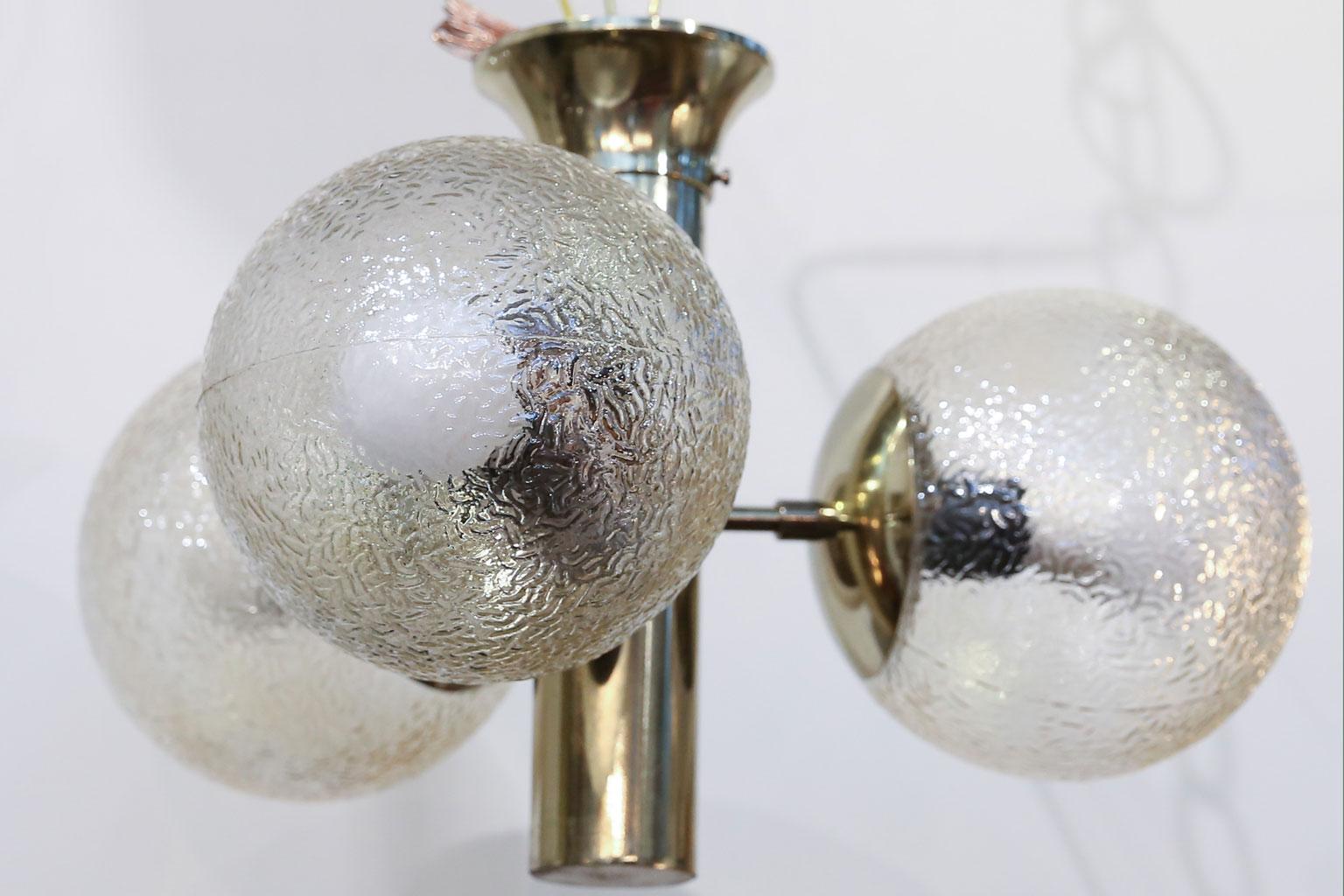 Mid-20th Century Brass Mid-Century Modern Chandelier With 3 Blown Glass Globes