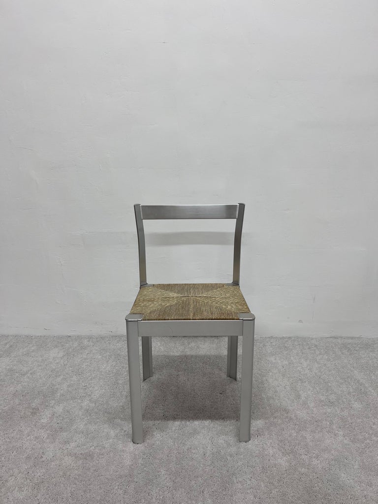 Italian organic modern dining or side chair with anodized aluminum frame and cord seat, 1980s.