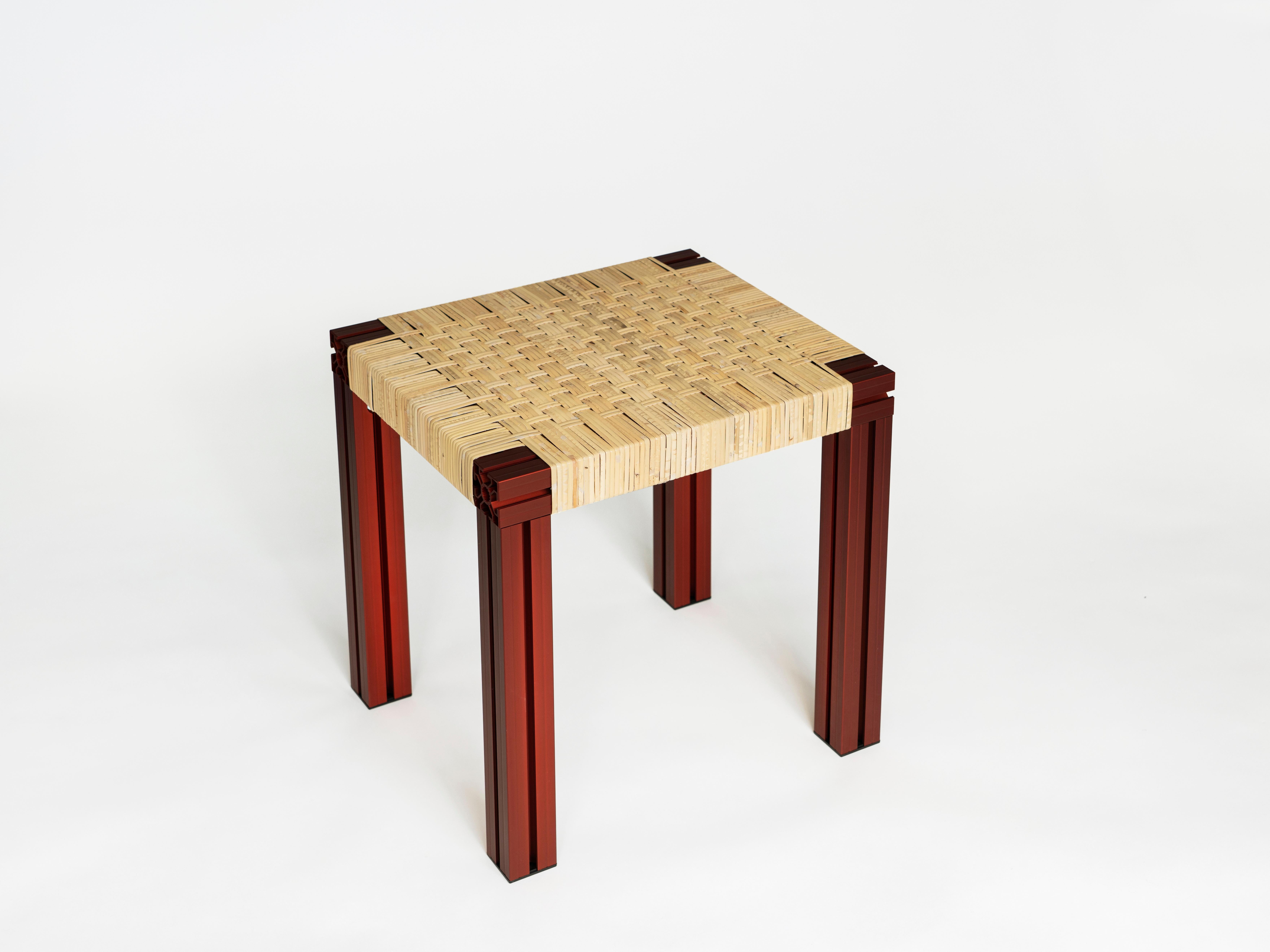 Post-Modern Anodized Burgundy and Cane Wicker Stool by Tino Seubert For Sale