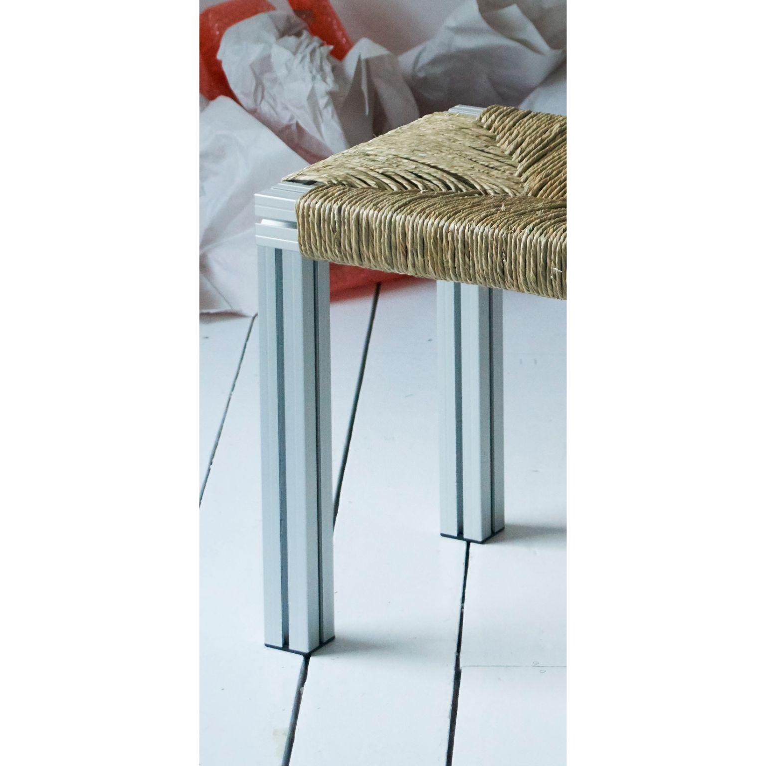 Post-Modern Anodized Grey and Rush Weave Wicker Stool by Tino Seubert For Sale