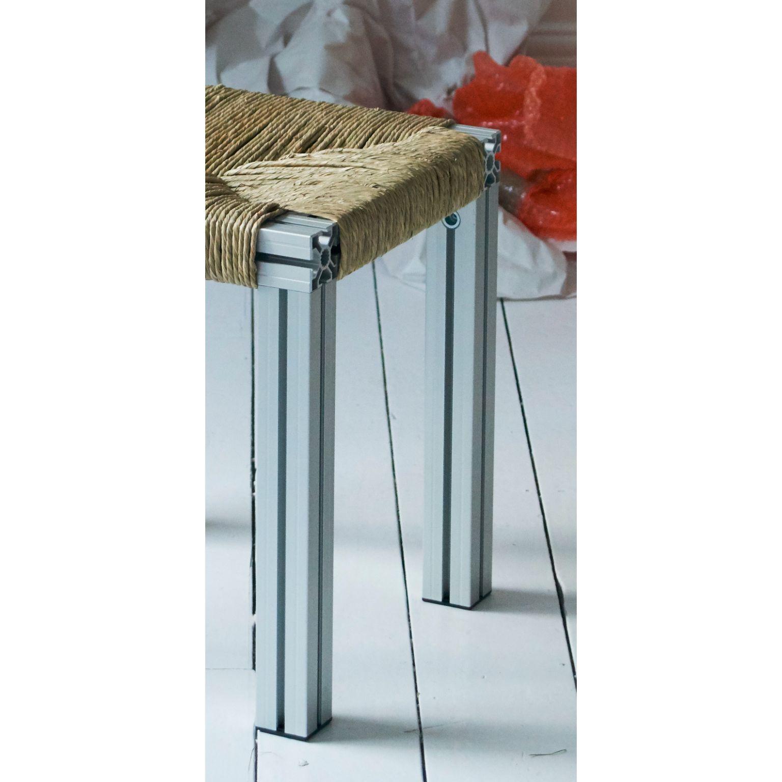 Anodized Grey and Rush Weave Wicker Stool by Tino Seubert In New Condition For Sale In Geneve, CH
