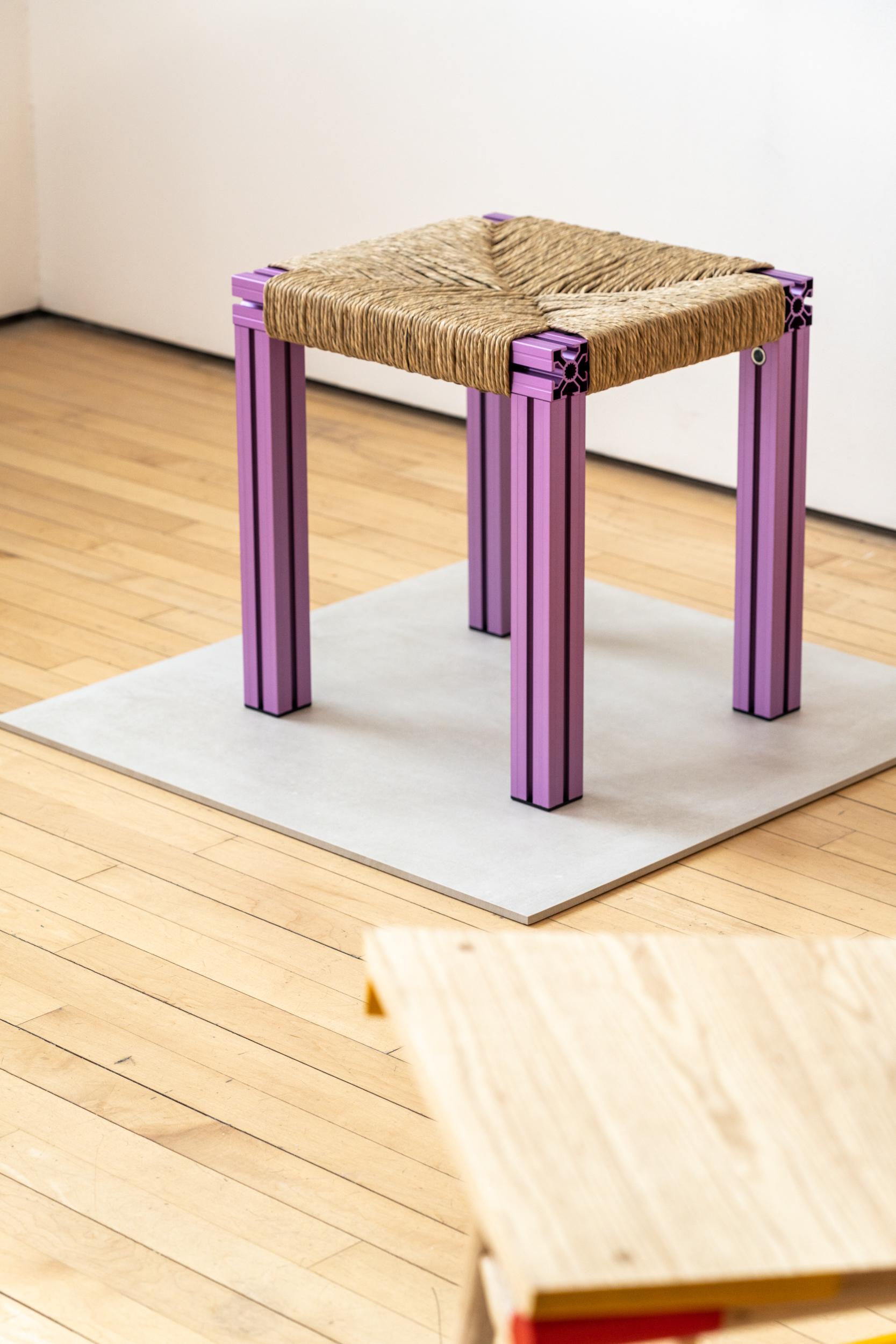 Anodized Purple and Rush Weave Wicker Stool by Tino Seubert For Sale 2