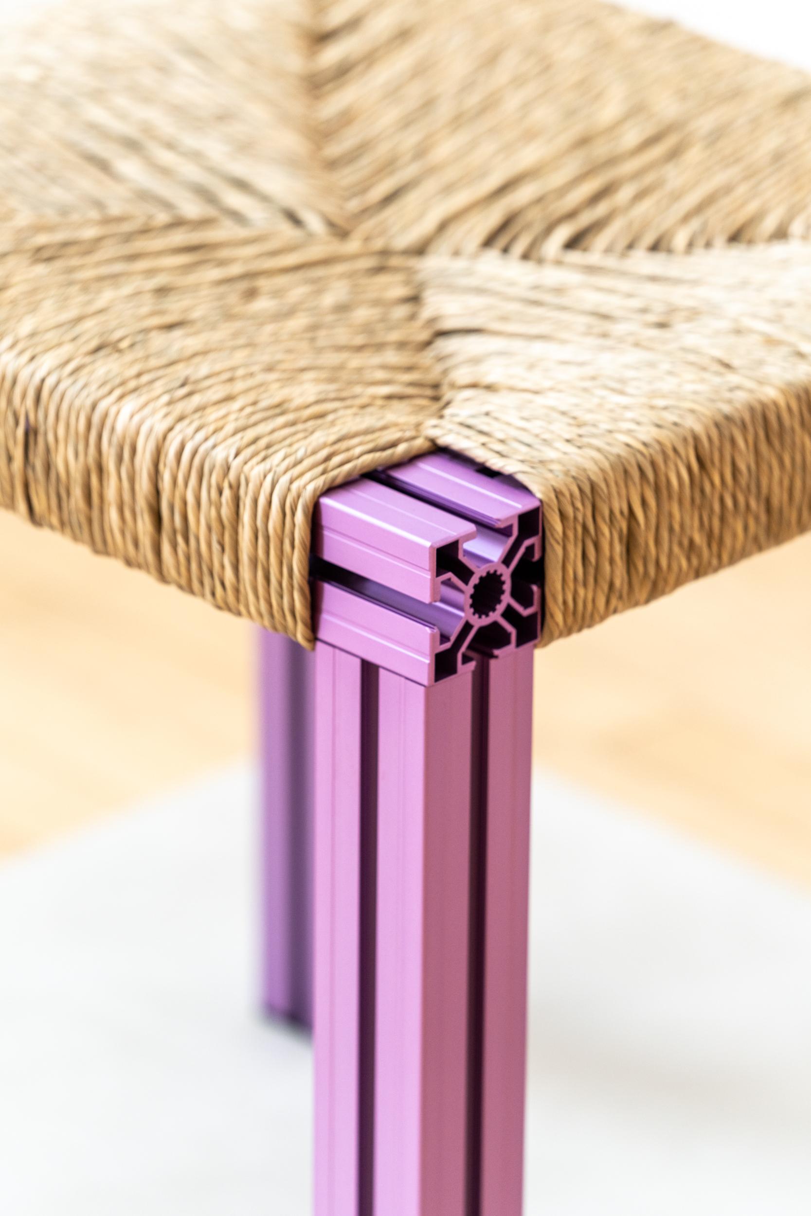 Anodized Purple and Rush Weave Wicker Stool by Tino Seubert For Sale 3