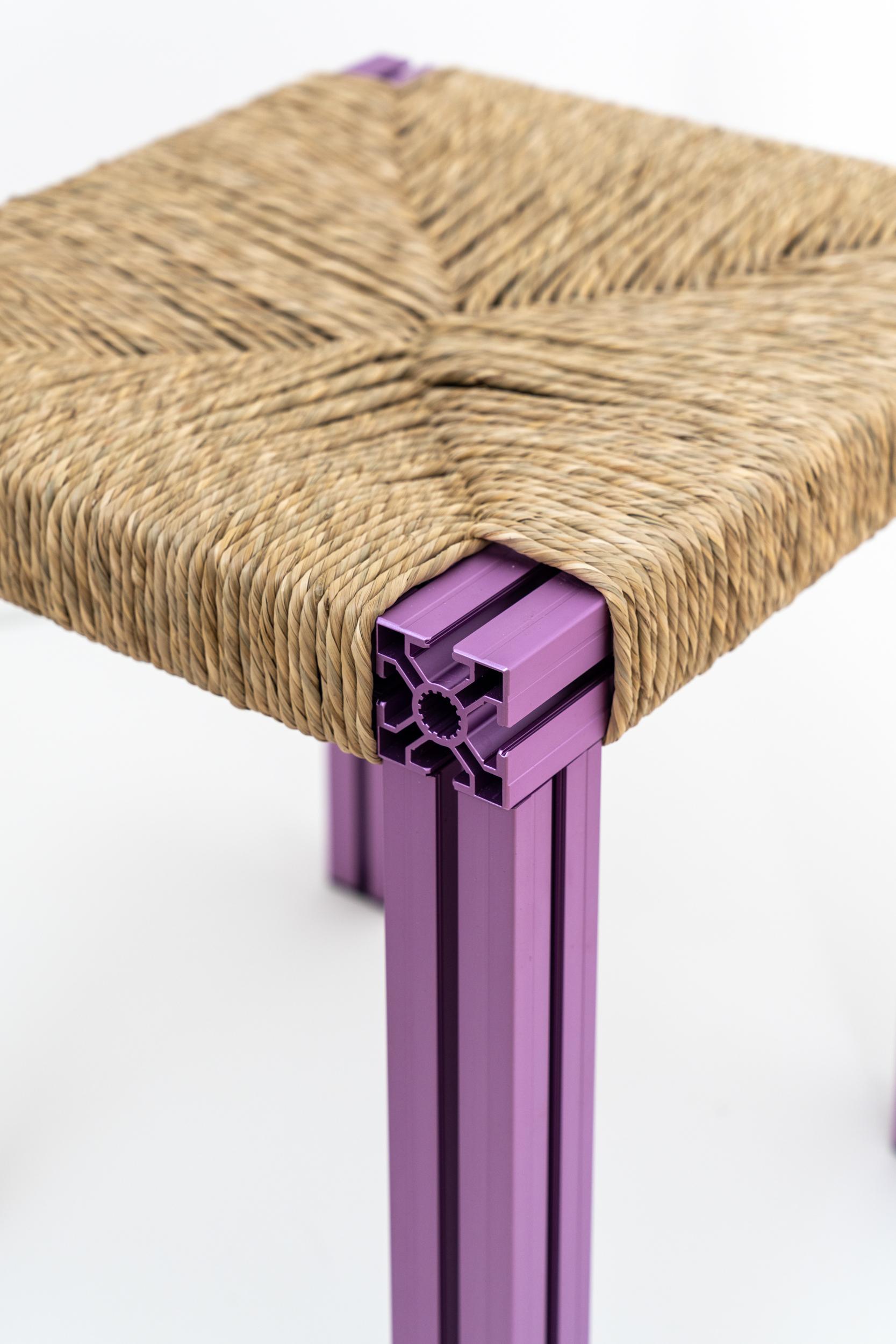 Post-Modern Anodized Purple and Rush Weave Wicker Stool by Tino Seubert For Sale