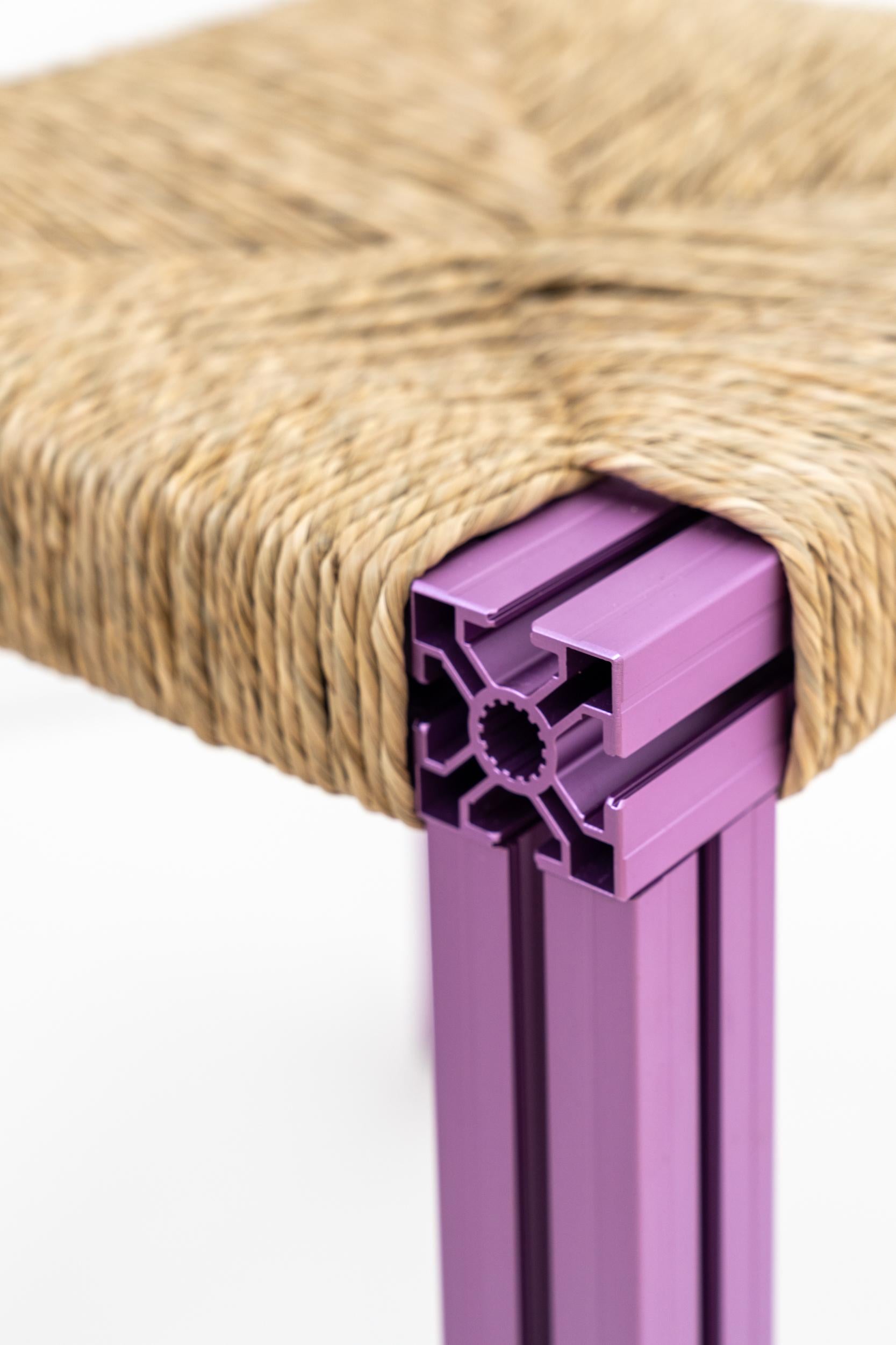 Anodized Purple and Rush Weave Wicker Stool by Tino Seubert In New Condition For Sale In Geneve, CH