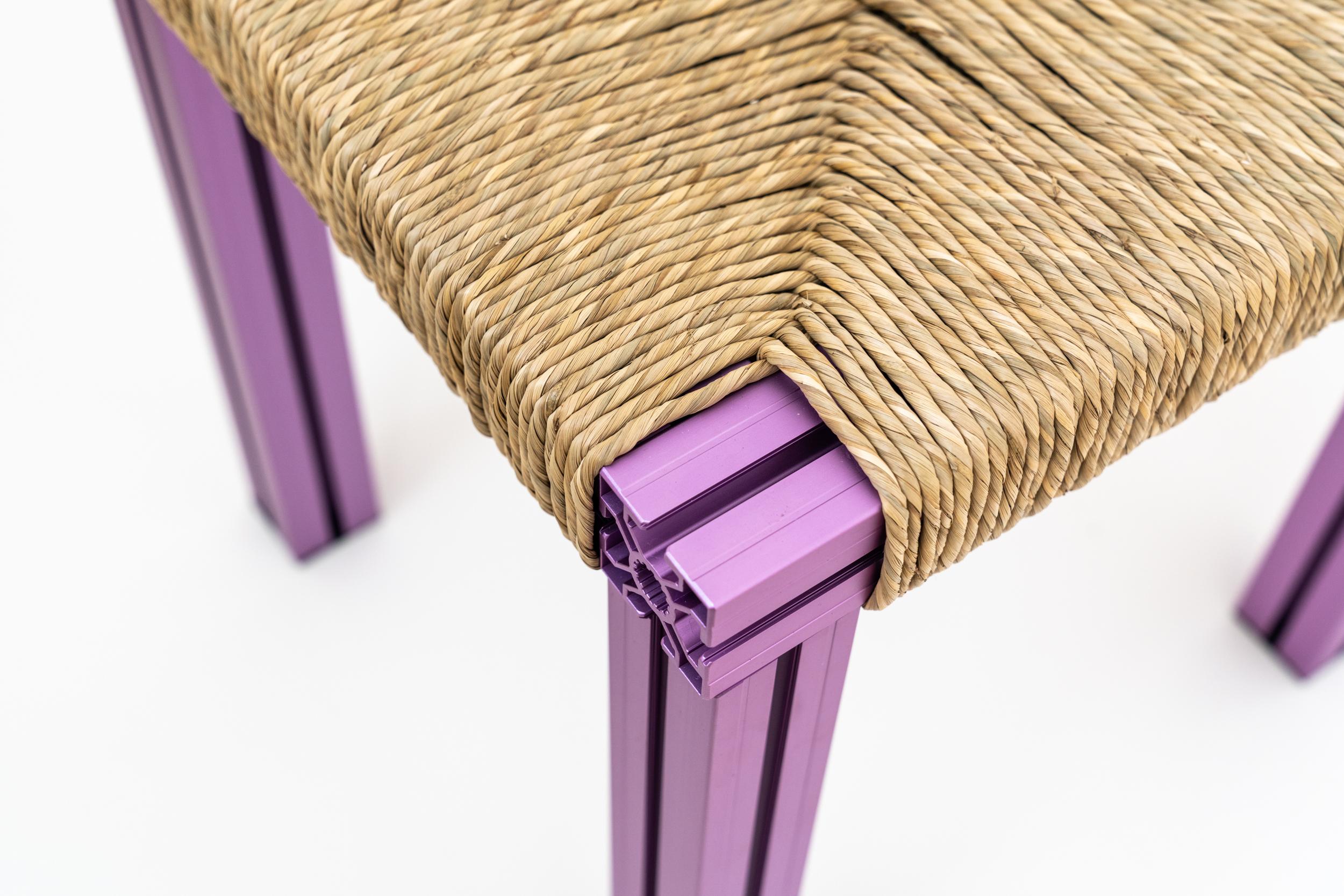 Contemporary Anodized Purple and Rush Weave Wicker Stool by Tino Seubert For Sale