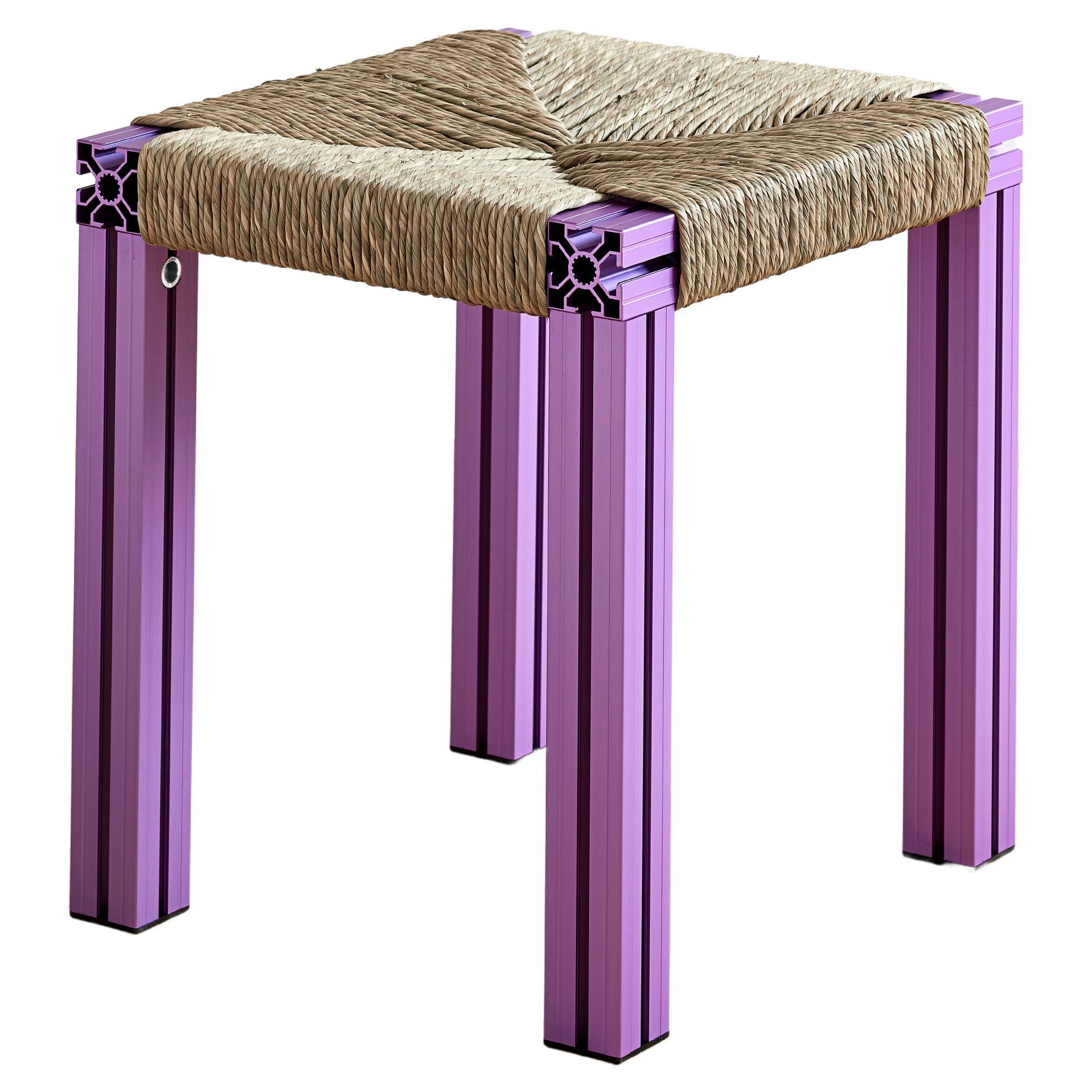 Anodized Purple and Rush Weave Wicker Stool by Tino Seubert For Sale