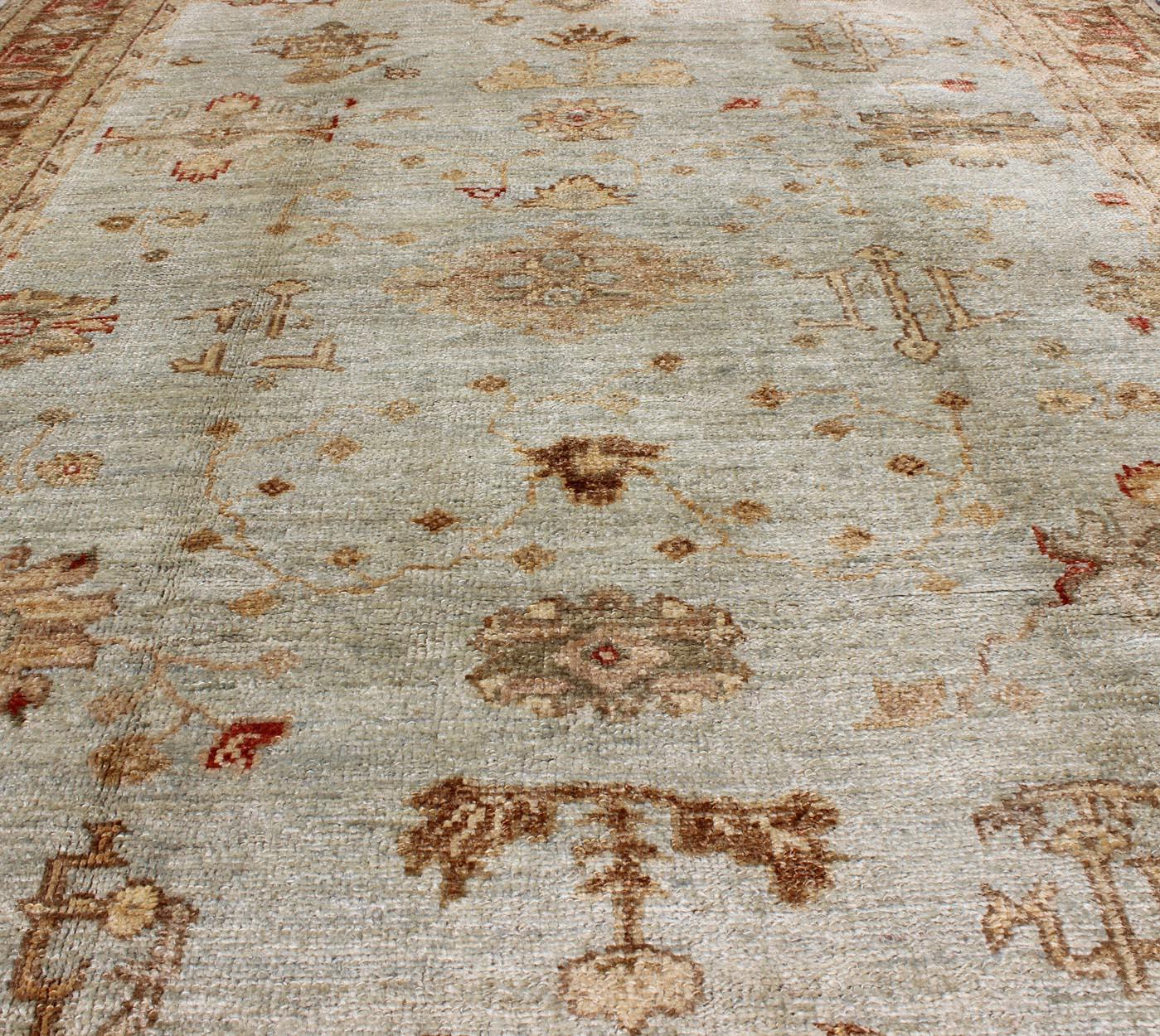 Anogra Turkish Oushak Rug in Light Blue and Red For Sale 3