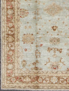 Angora Oushak Rug with Sky Blue Field With Accents of Tan and Traditional Design