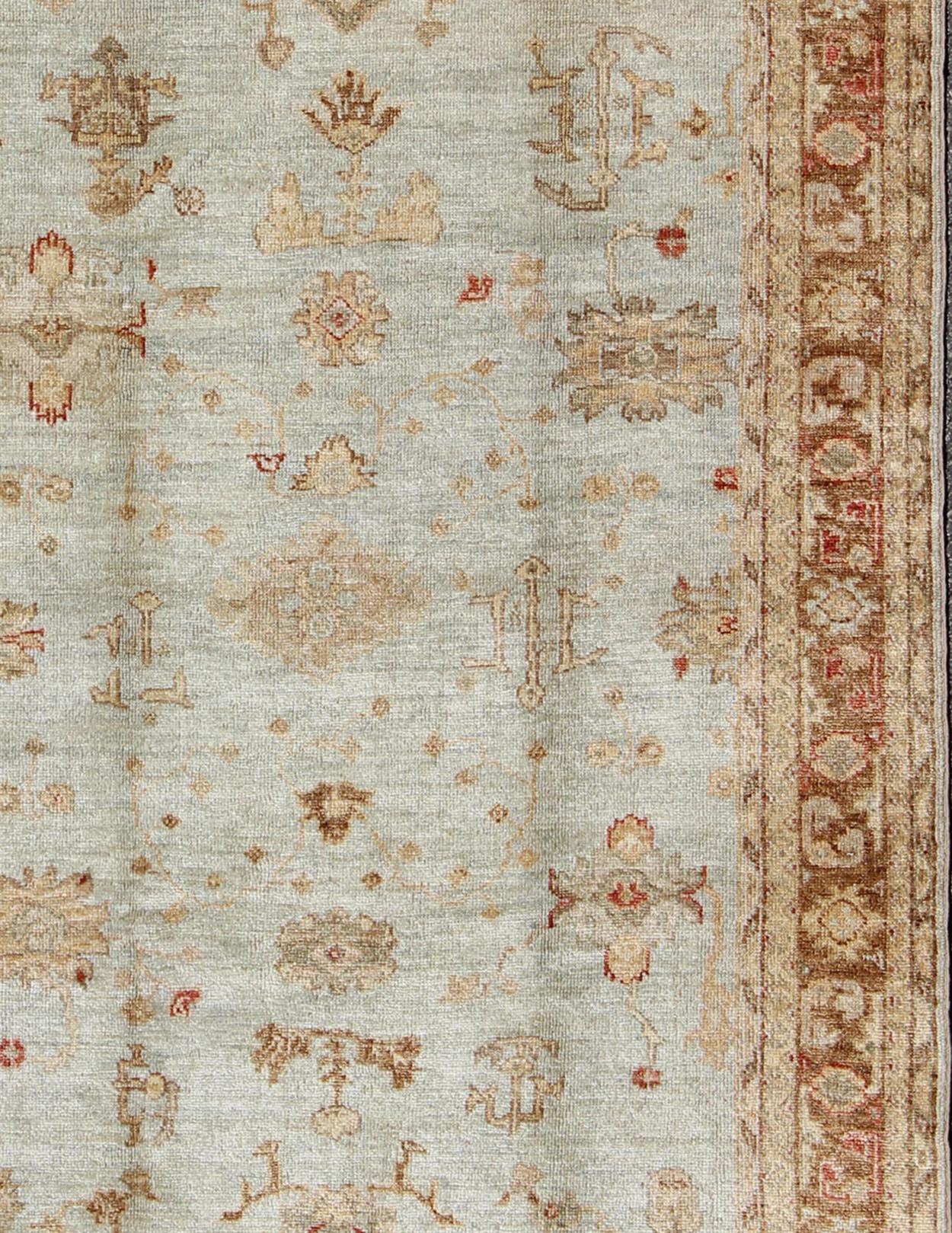 Hand-Knotted Anogra Turkish Oushak Rug in Light Blue and Red For Sale