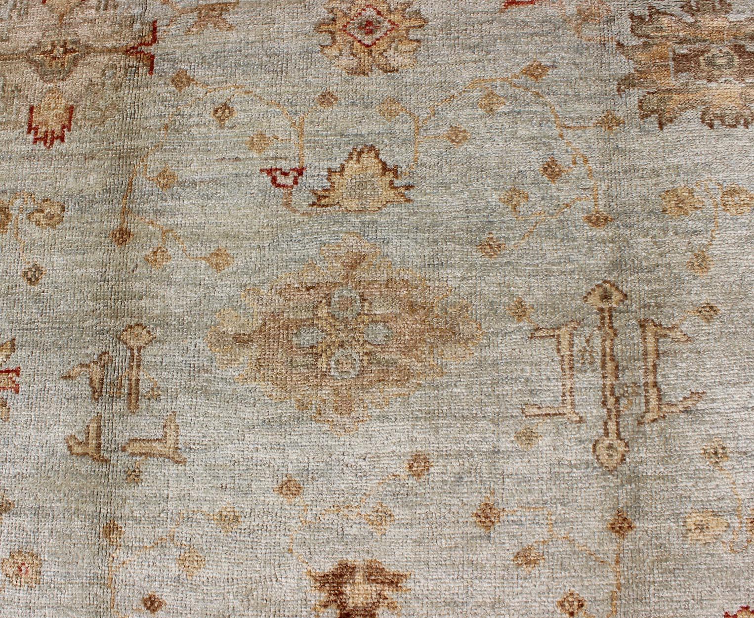 Contemporary Anogra Turkish Oushak Rug in Light Blue and Red For Sale