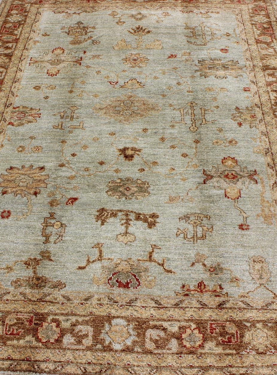 Anogra Turkish Oushak Rug in Light Blue and Red For Sale 2
