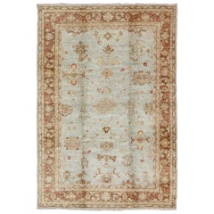 Anogra Turkish Oushak Rug in Light Blue and Red